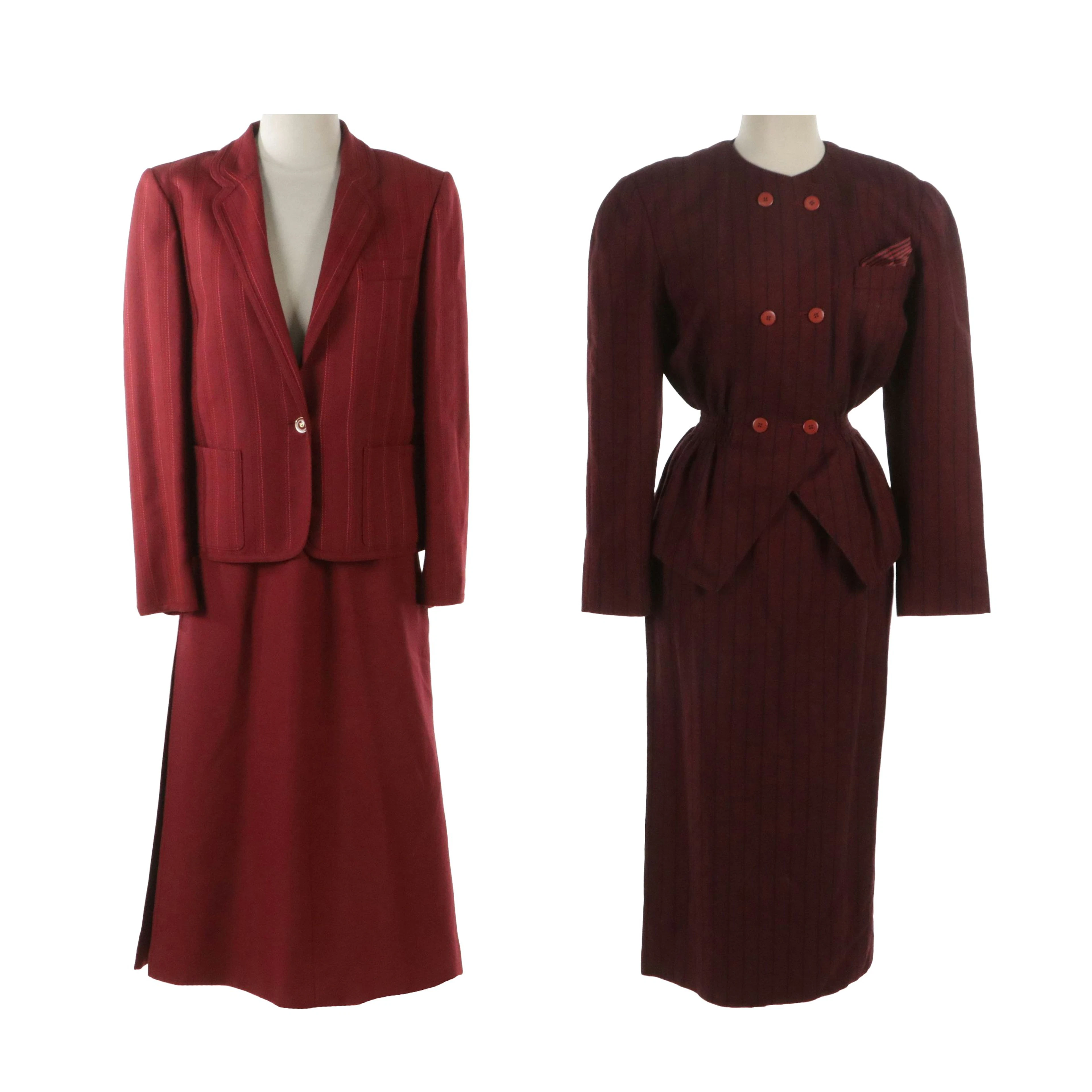 Louis Féraud Vintage Red Striped Wool Skirt Suits, 1990s