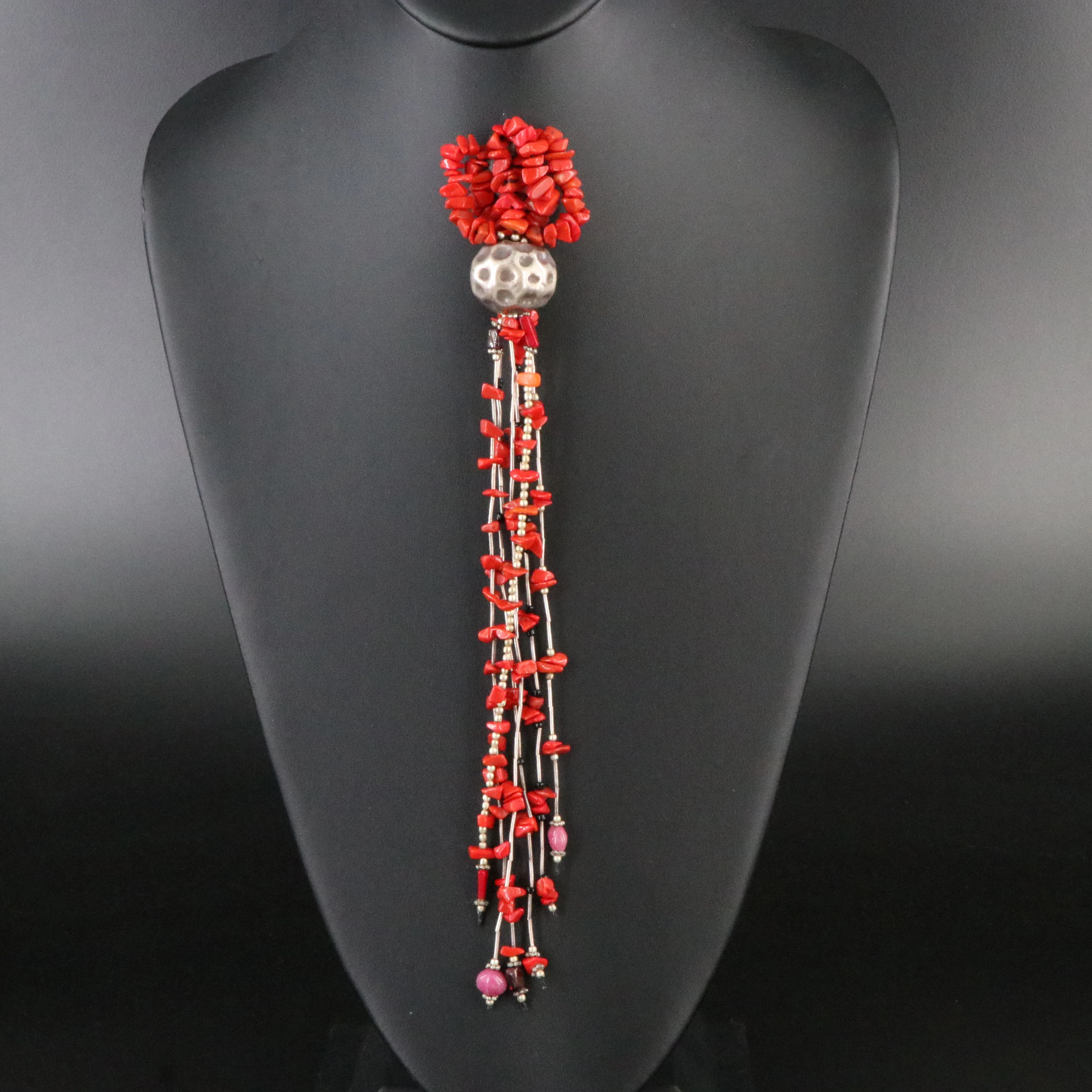 Sterling Coral Tassel Pendant with Glass and Quartzite Accents