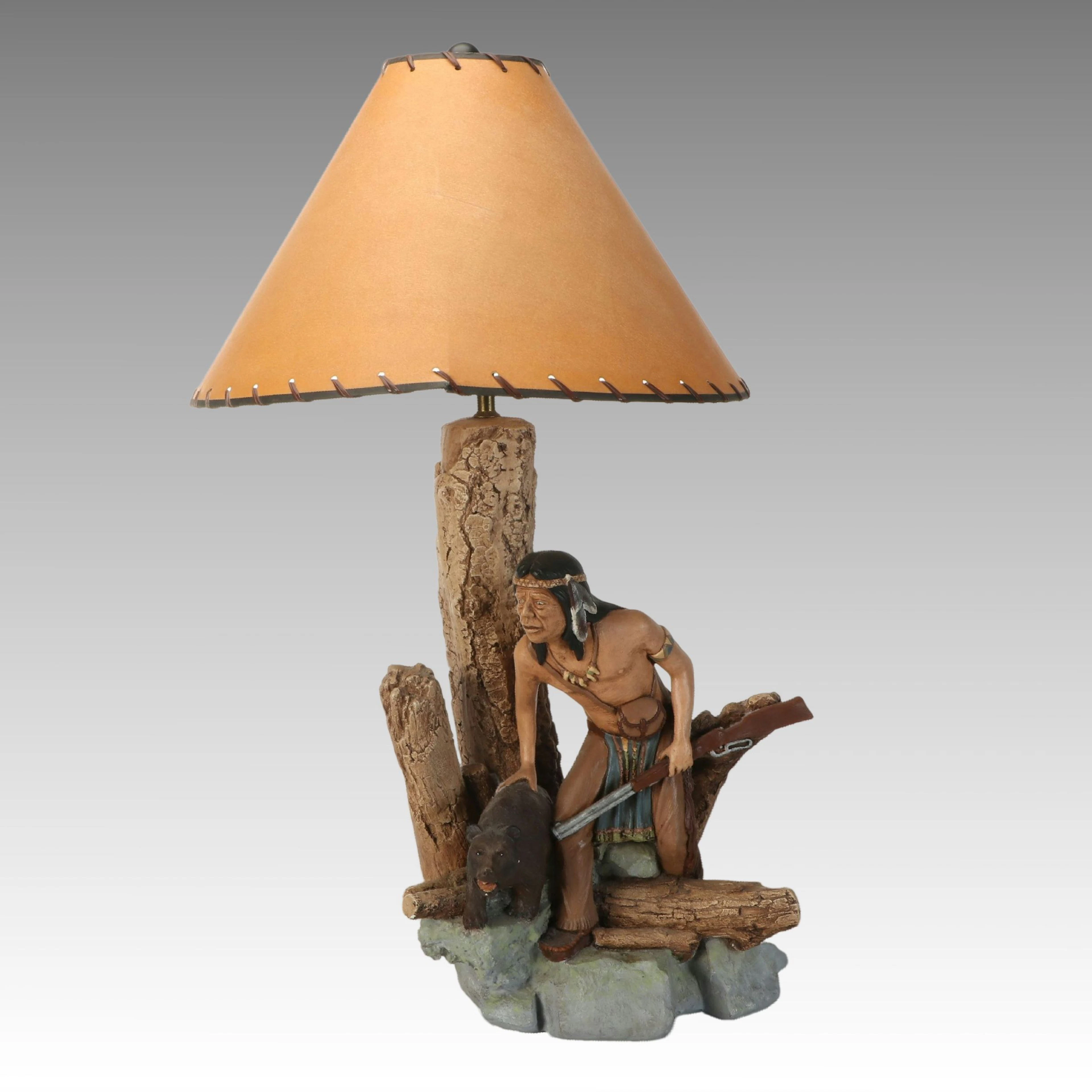 White Art Studio Plaster Native American Hunter & Bear Cub Figural Table Lamp