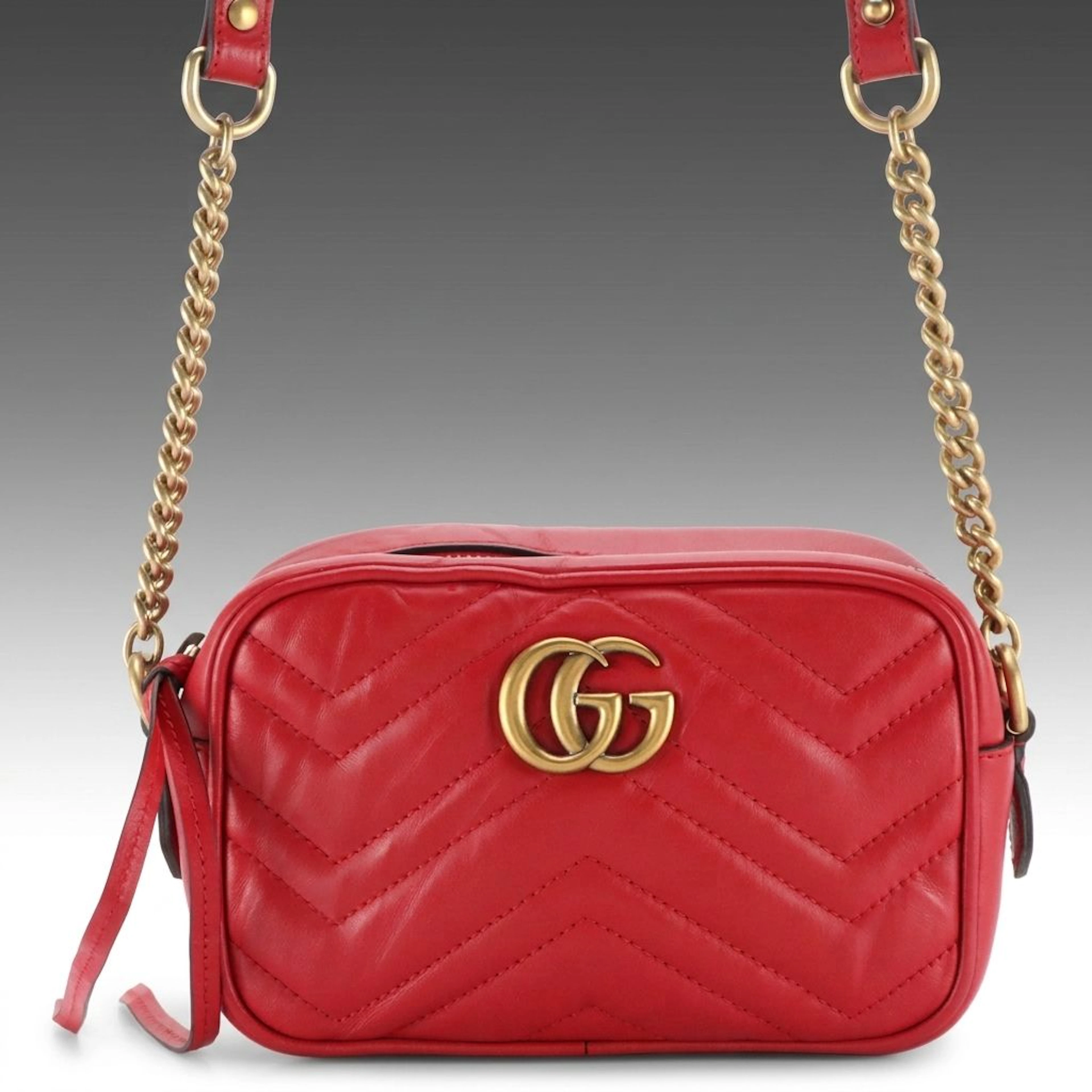 Gucci GG Marmont Mini Camera Crossbody Bag in Red Matelassé Calfskin Leather