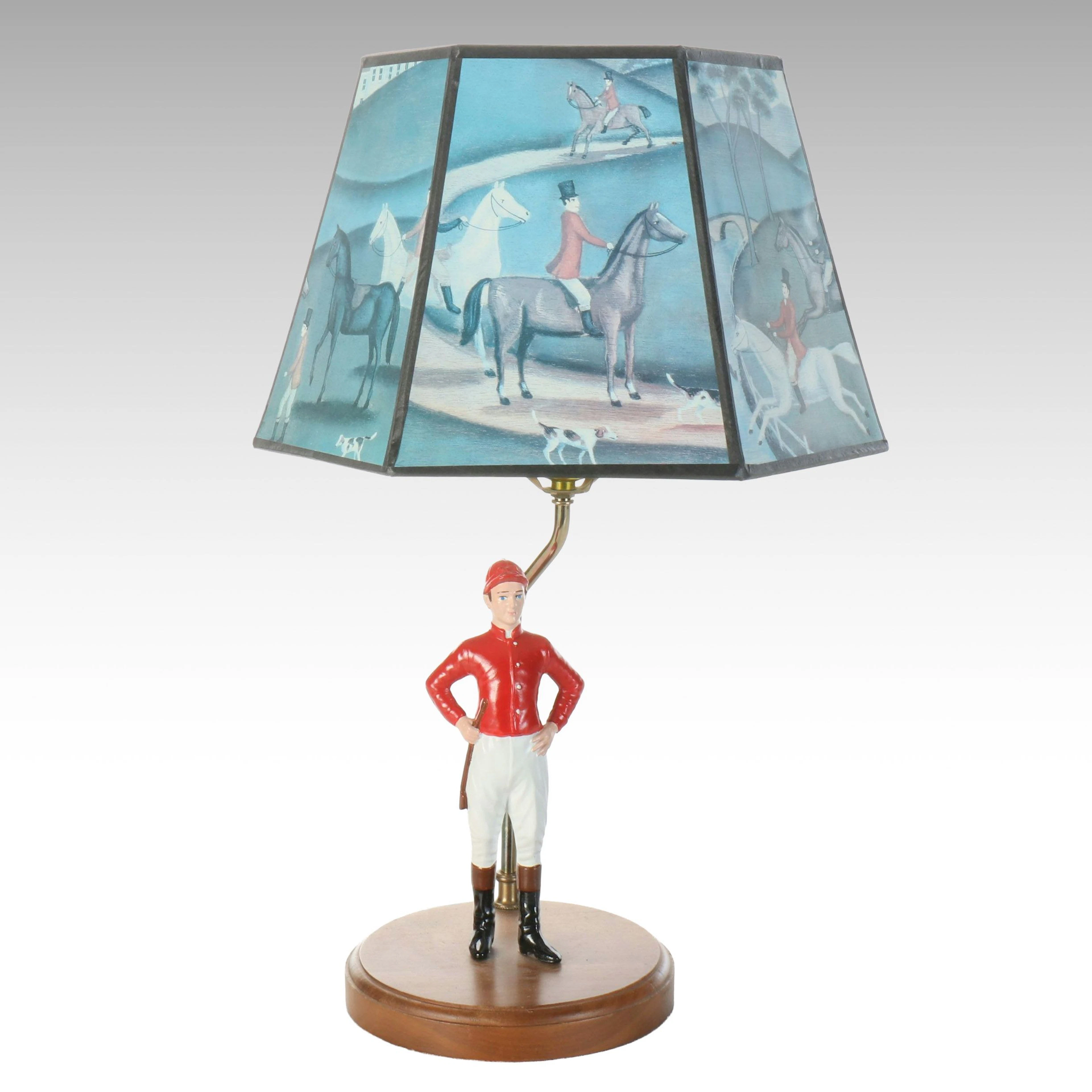 Jockey Figure Accent Lamp with Fox Hunt Theme Panel Shade