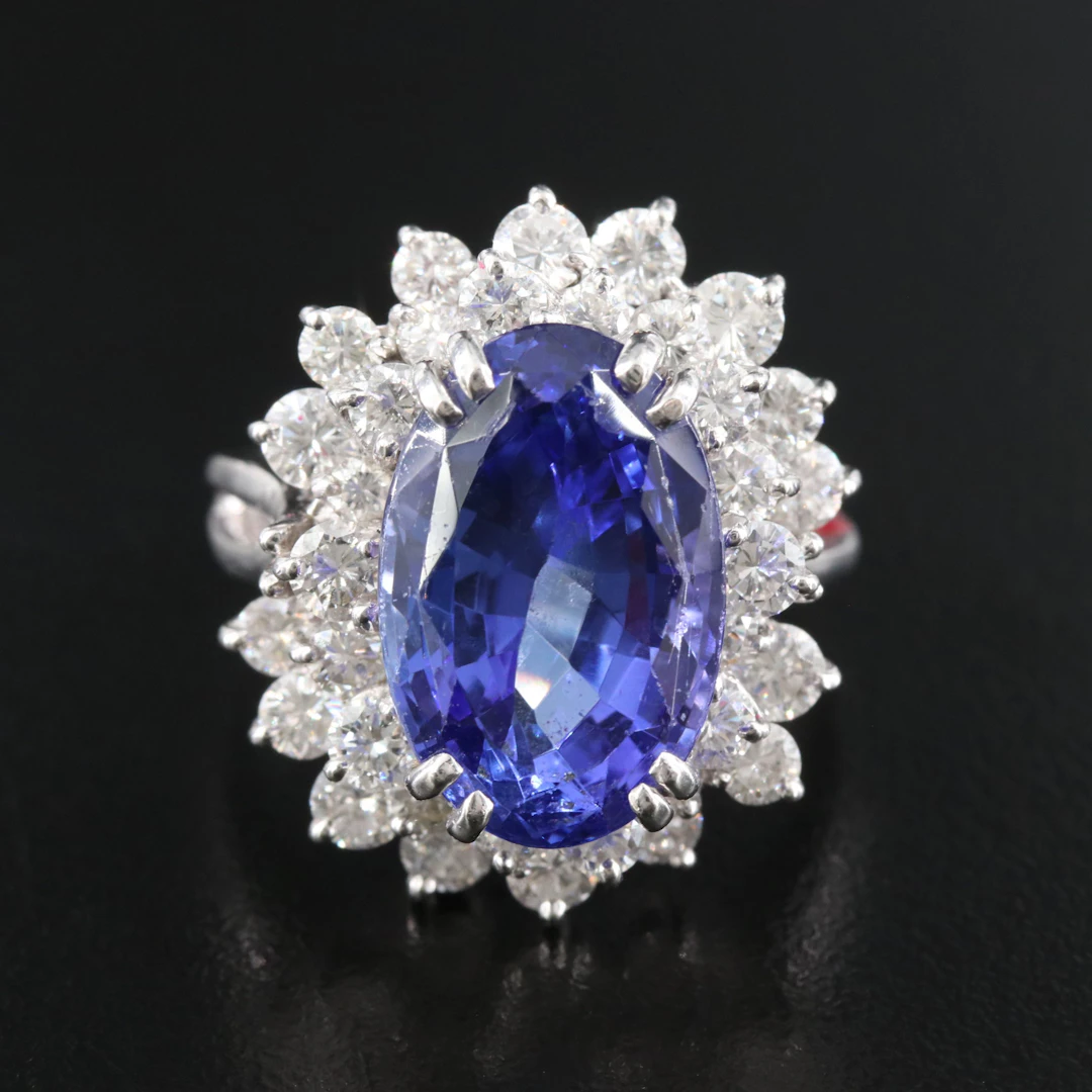 Platinum 10.51 CT Tanzanite and 2.47 CTW Diamond Double Halo Ring