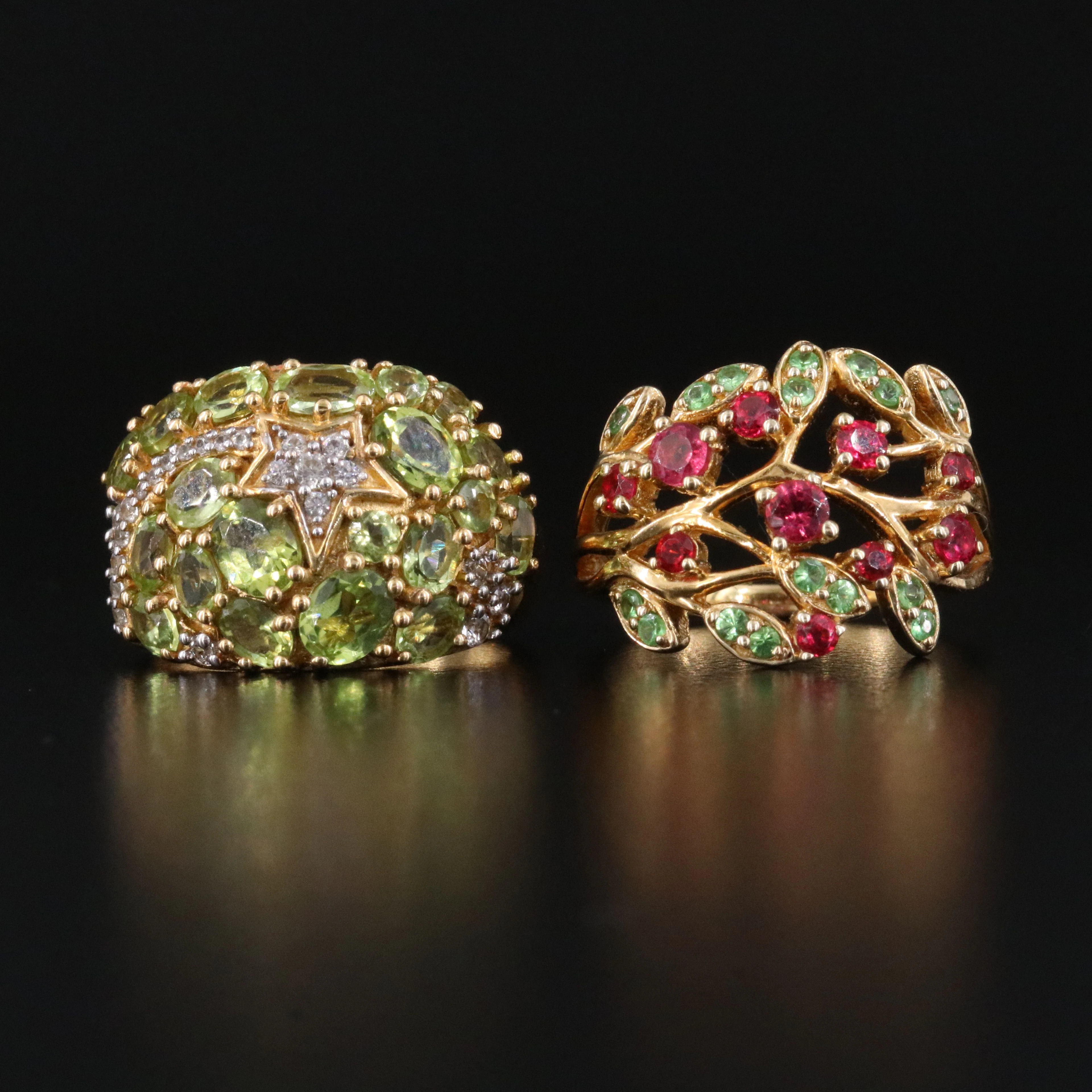 Sterling Peridot, Tsavorite and White Zircon Rings
