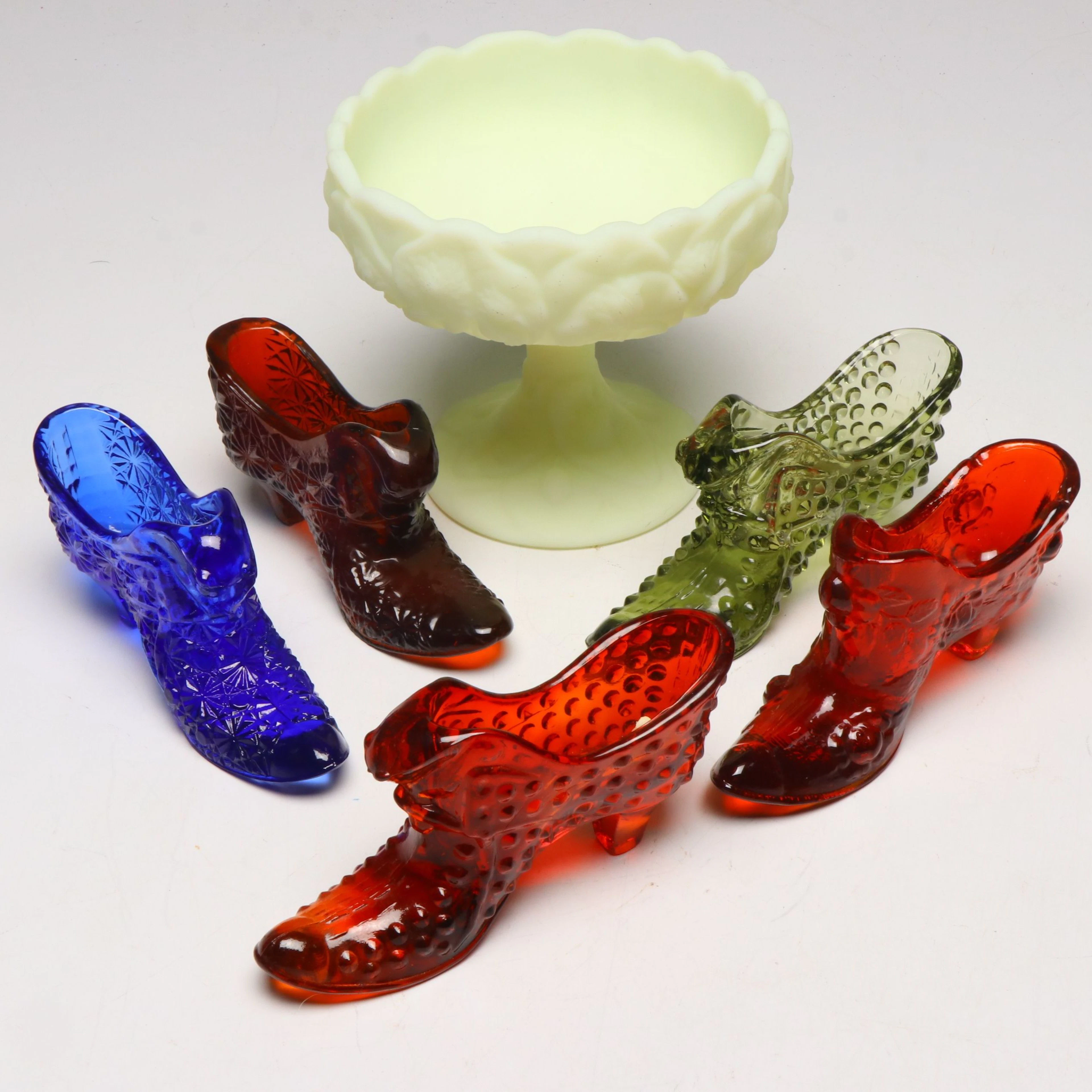 Fenton "Custard Satin" Compote with Glass Slippers, Late 20th C.