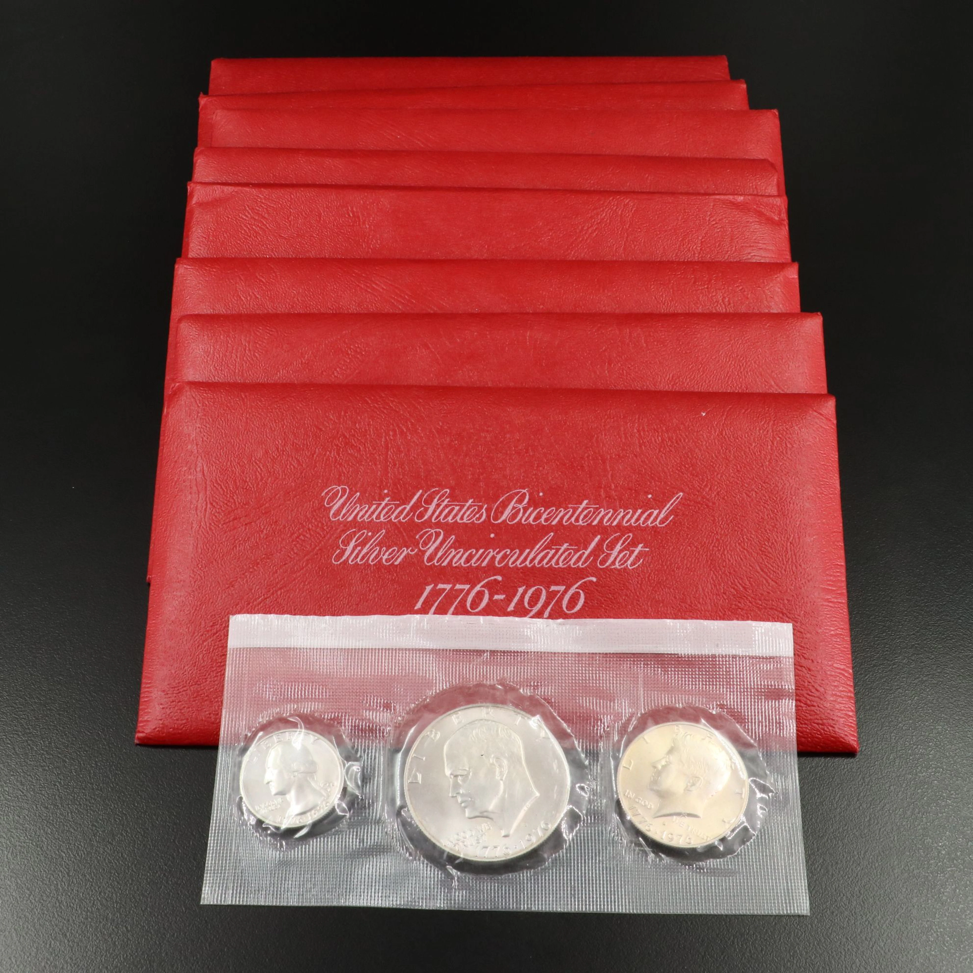 Nine U.S. Bicentennial 3-Coin Uncirculated Silver Sets, 1976