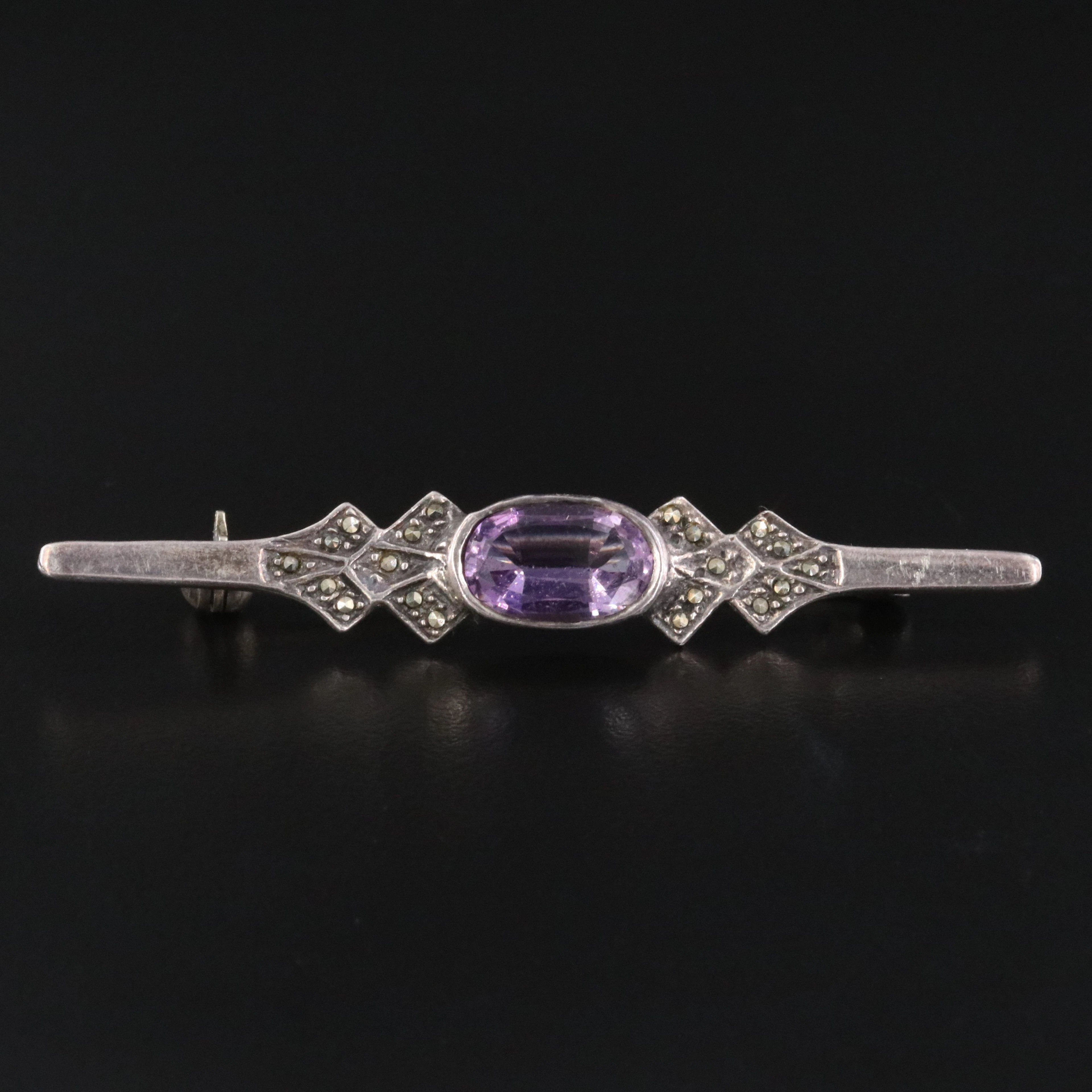 Sterling Amethyst and Marcasite Bar Brooch