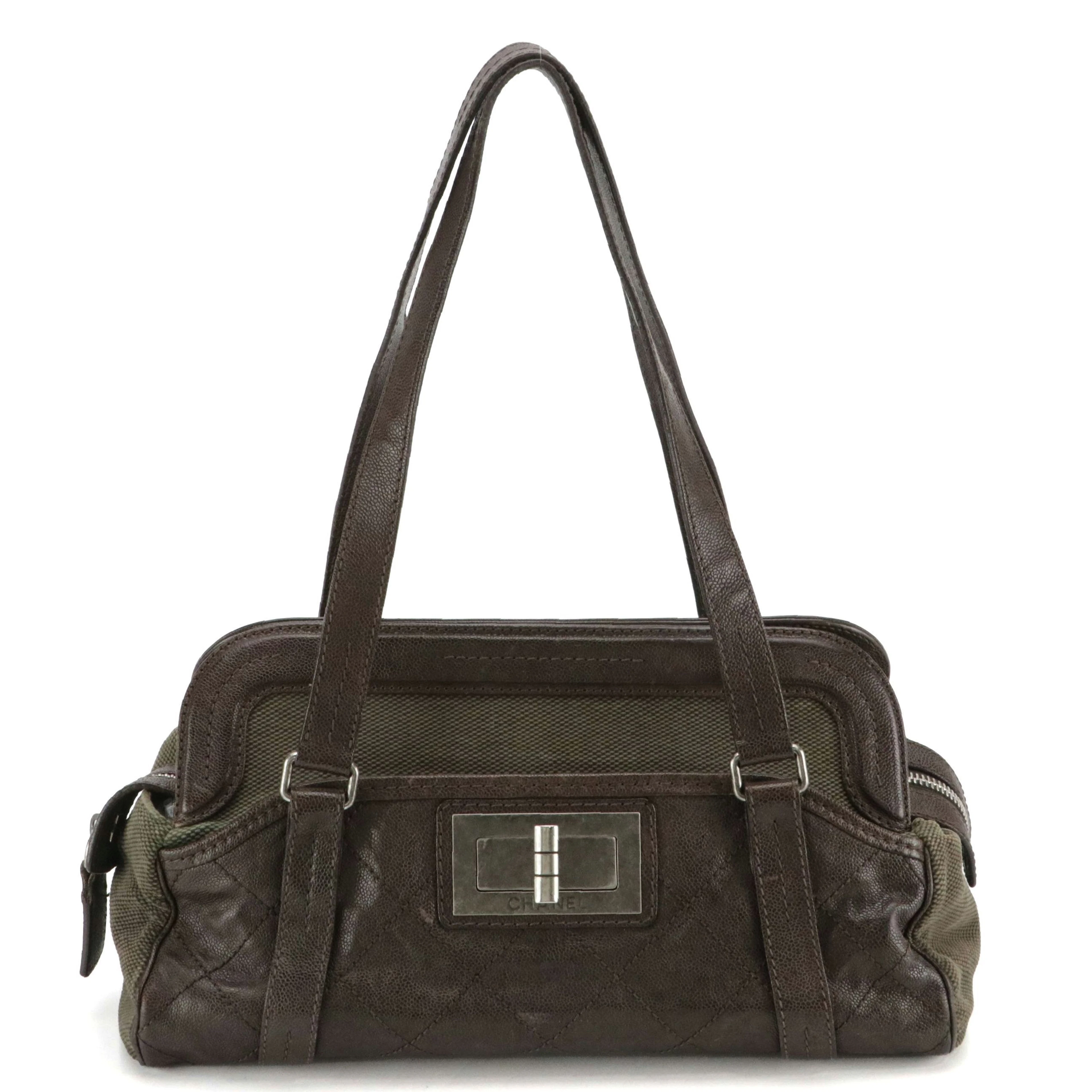 Chanel Reissue Shoulder Bag in Green Canvas and Brown Quilted Caviar Leather