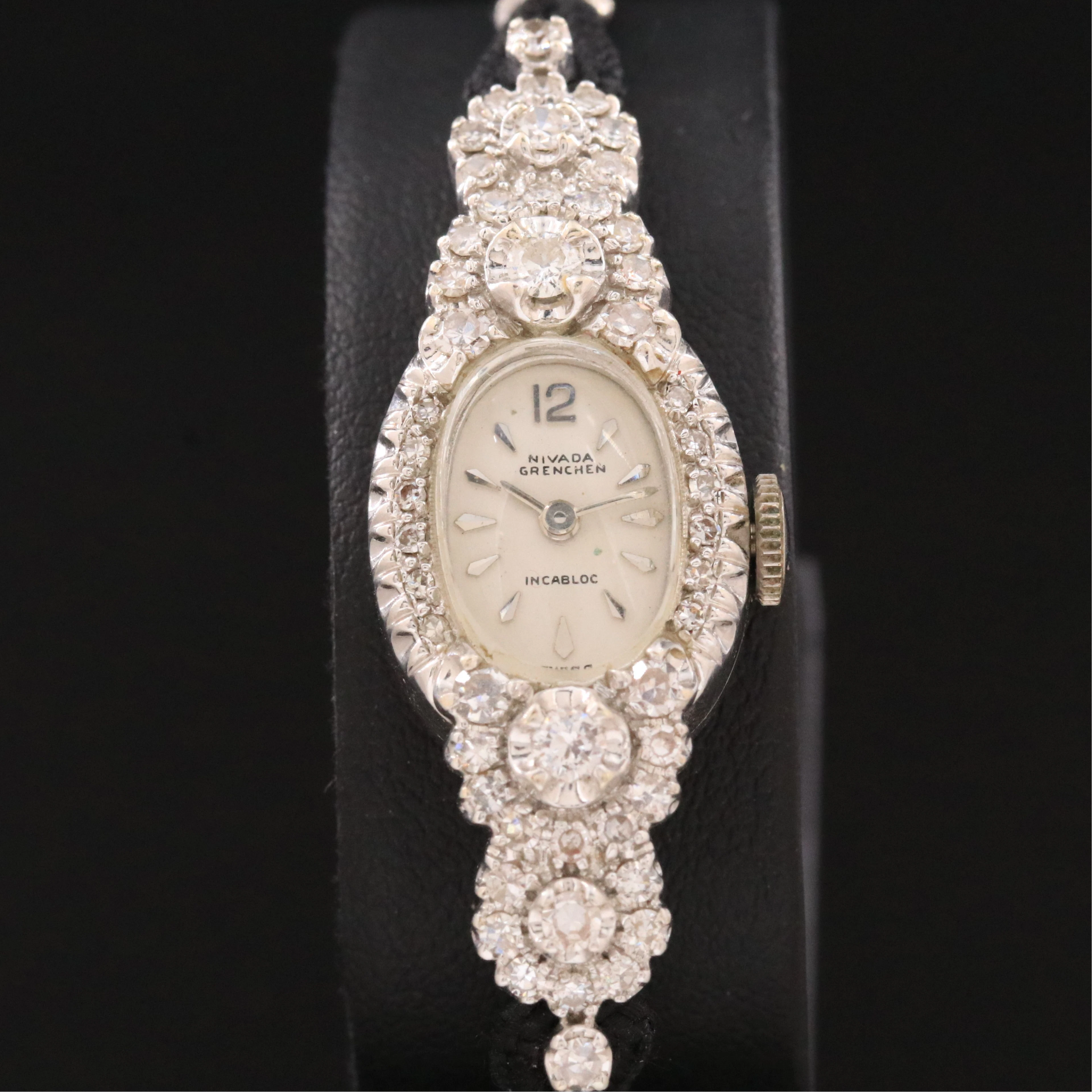Croton Nivada Grenchen 14K 1.05 CTW Diamond Cluster Swiss Stem Wind Watch