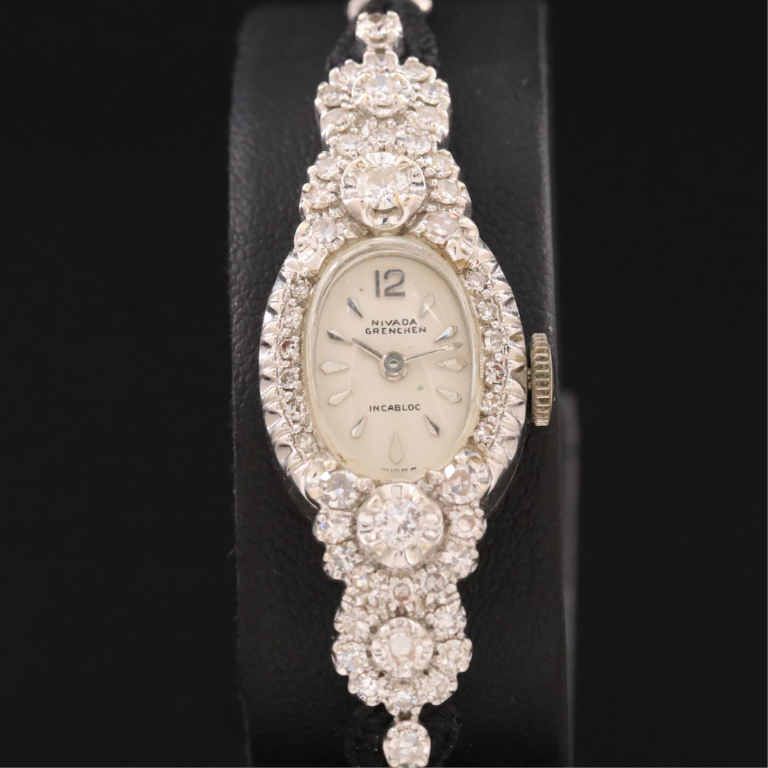 Croton Nivada Grenchen 14K 1.05 CTW Diamond Cluster Swiss Stem Wind Watch