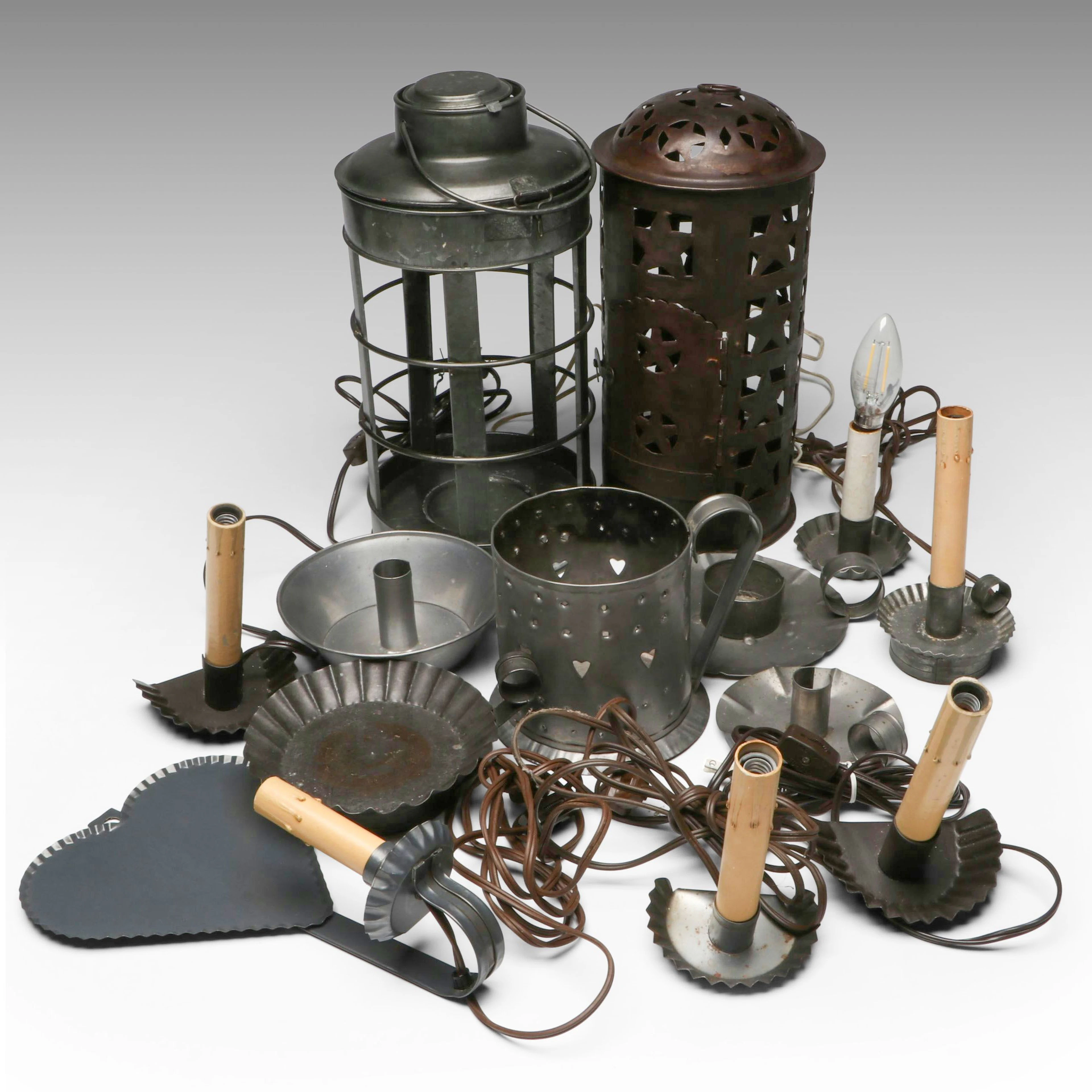 Colonial Style Punched Tin Candlestick Lamps with Lanterns and Décor