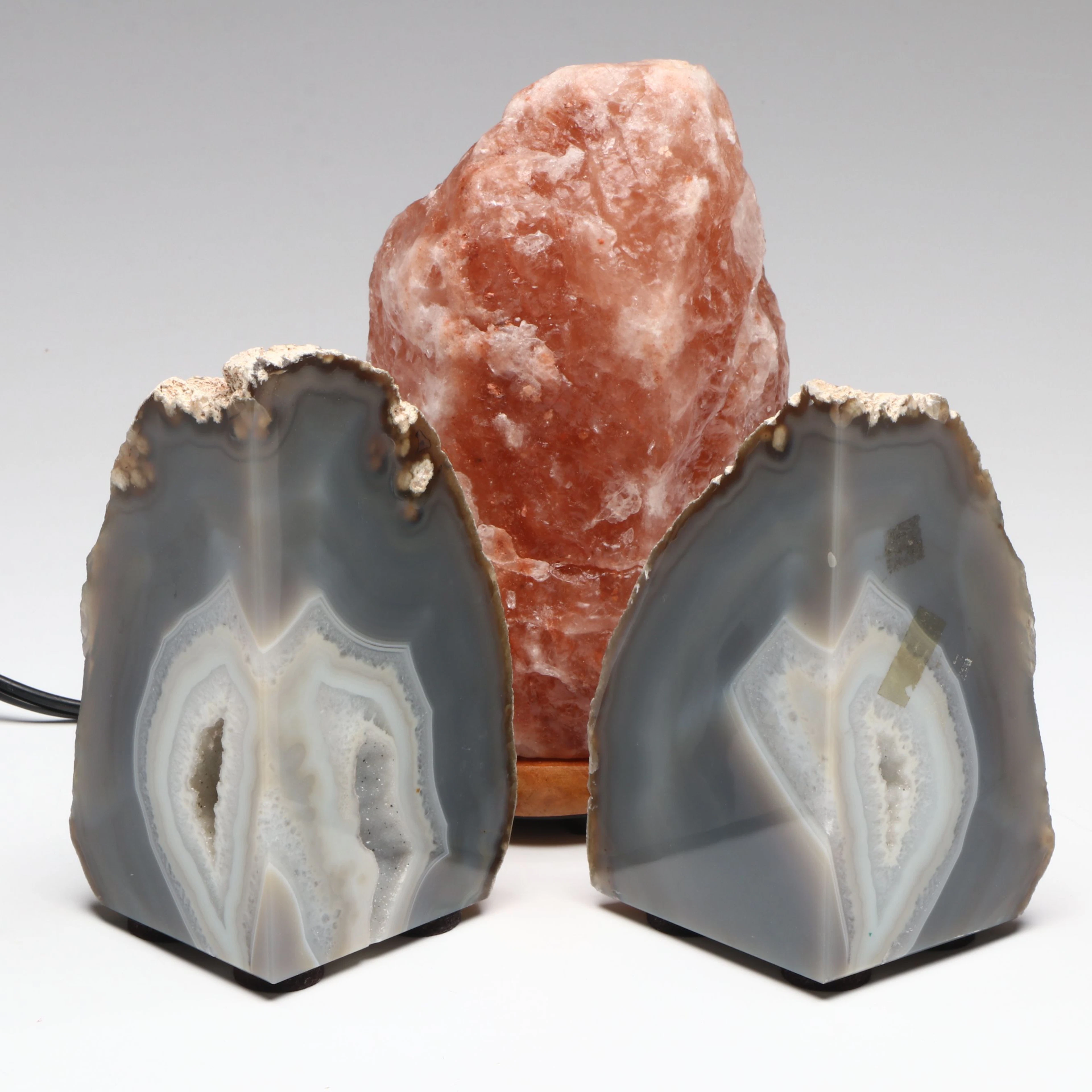 Agate Geode Bookends with Himalayan Pink Salt Accent Lamp