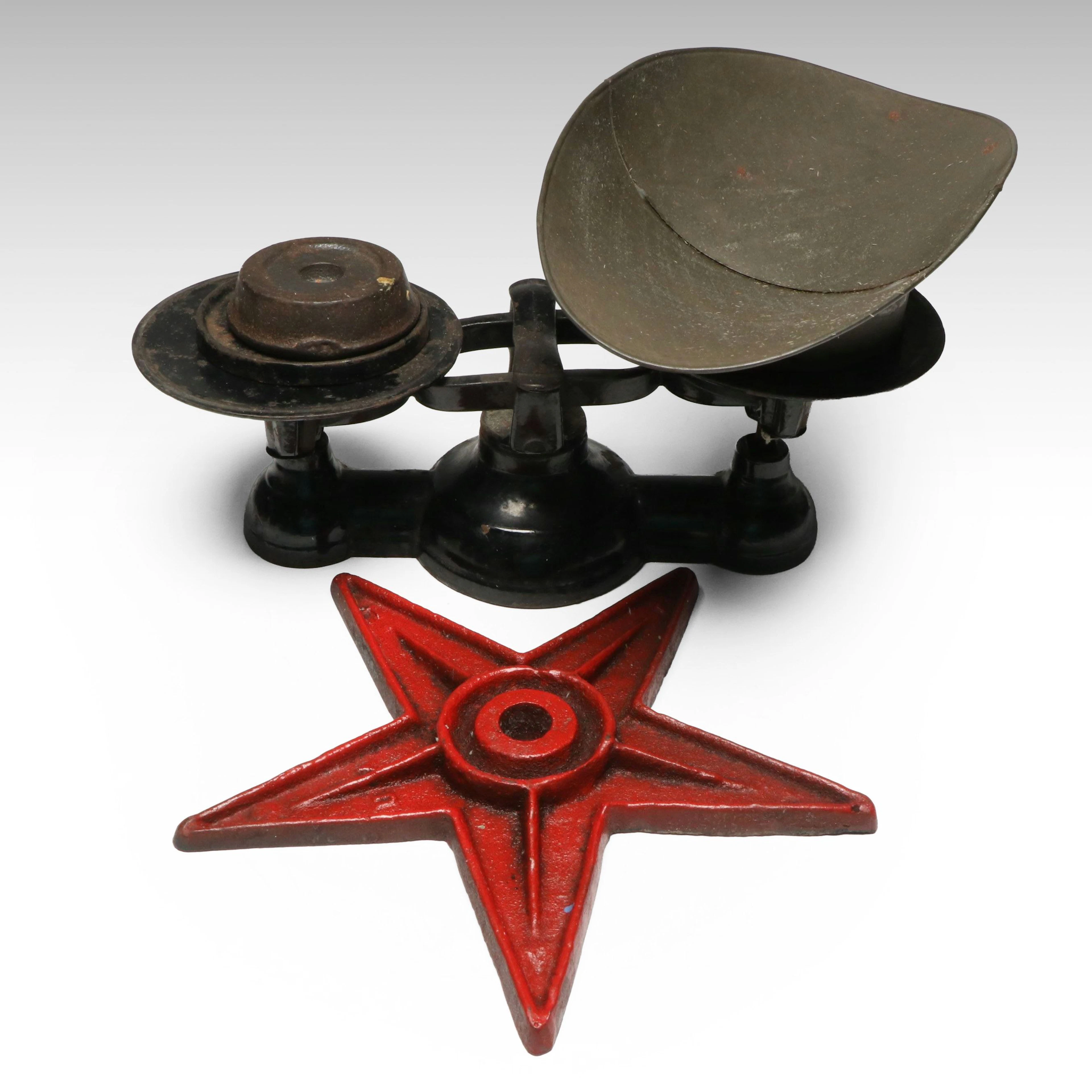 Antique Cast Iron Balance Scale with Pan, Weights and Red Star Base Plate