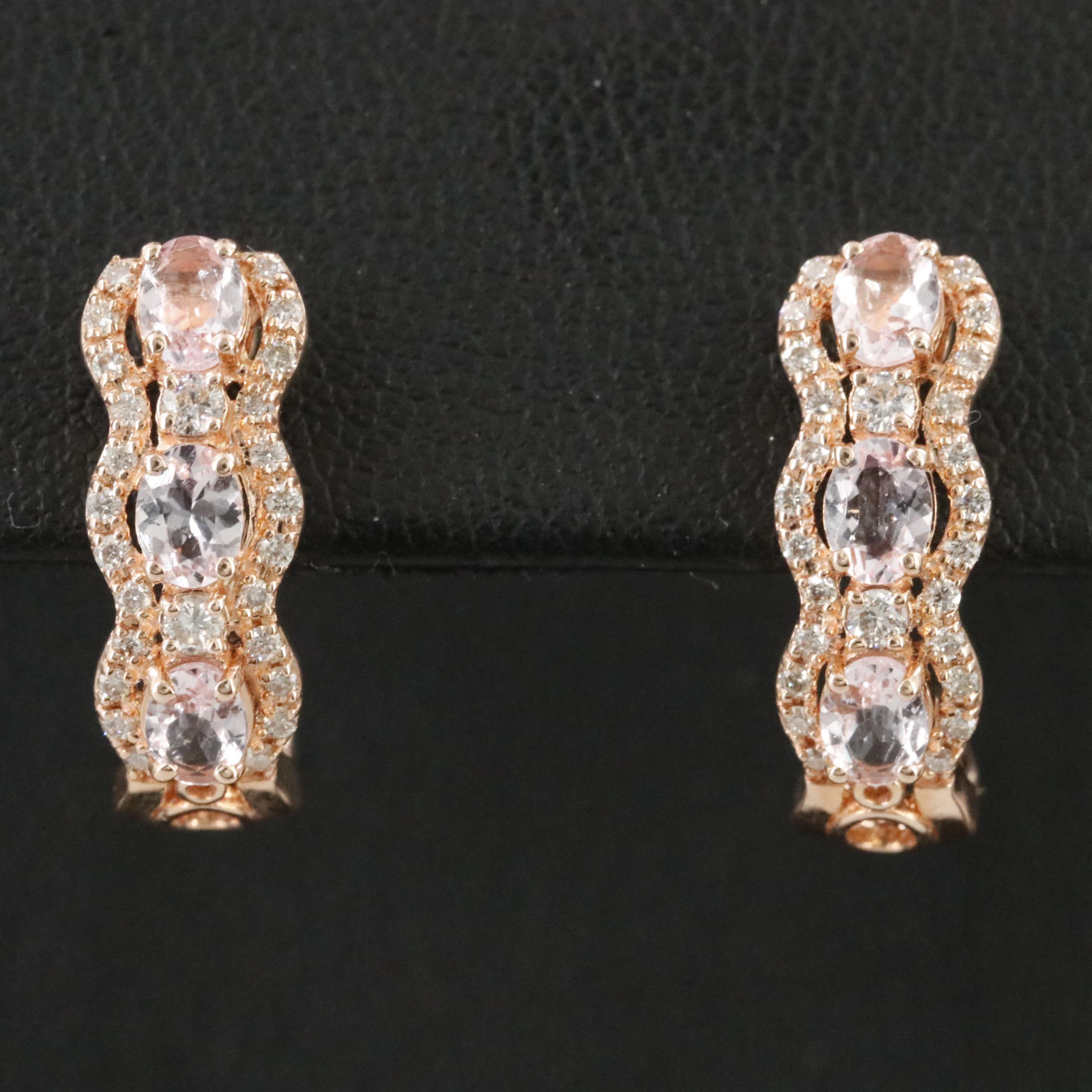 14K Rose Gold Morganite and Diamond J Hoop Earrings