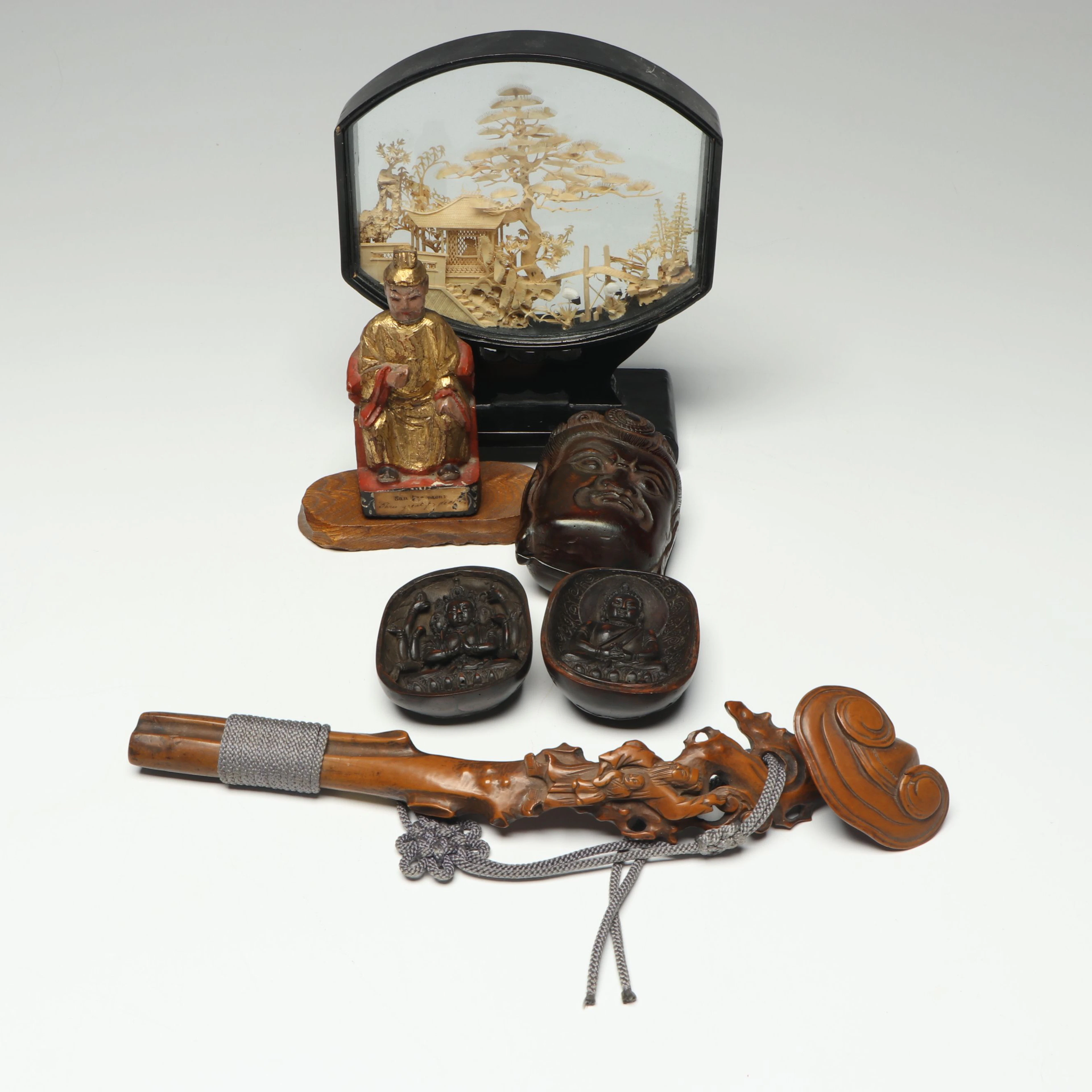 Japanese Ruyi Scepter and Shrine Netsukes, Hand-Carved Cork Diorama