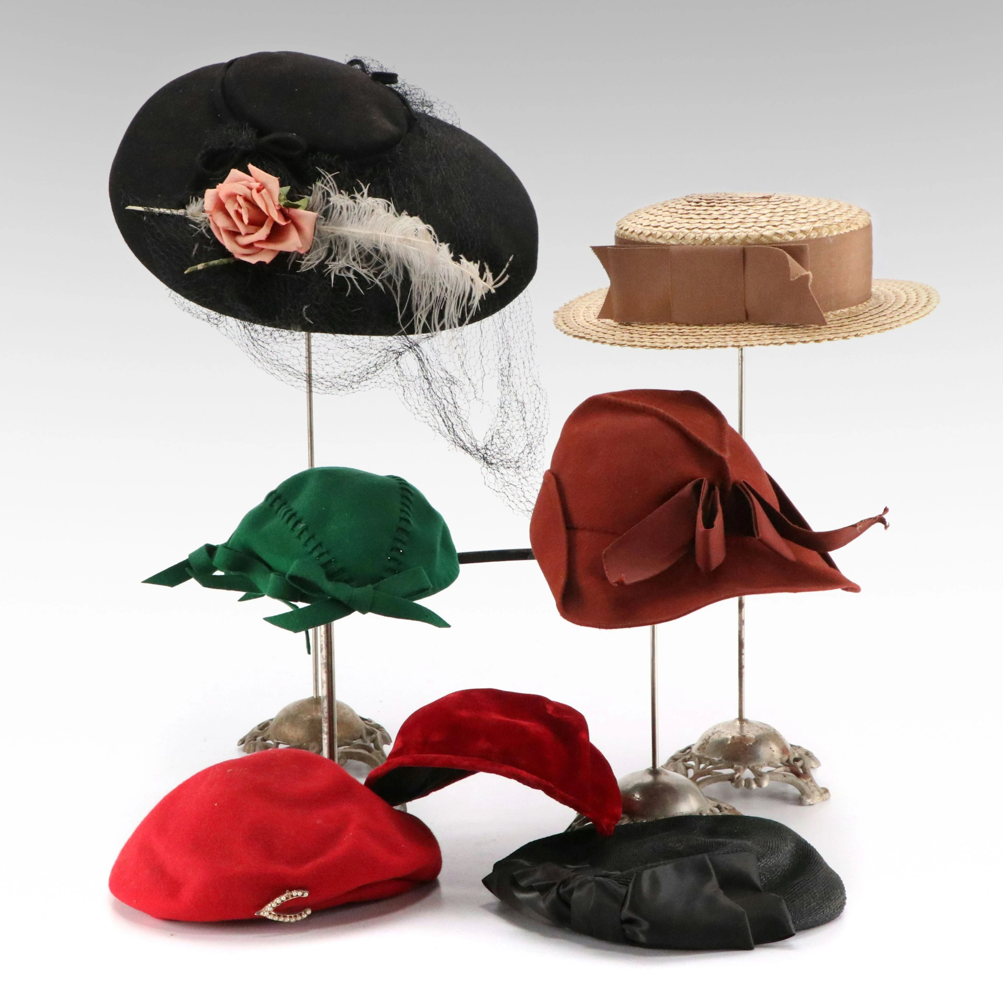 Vintage Cloche Hat, Fascinators, Berets, Boater Hat & Other Hats with Stands