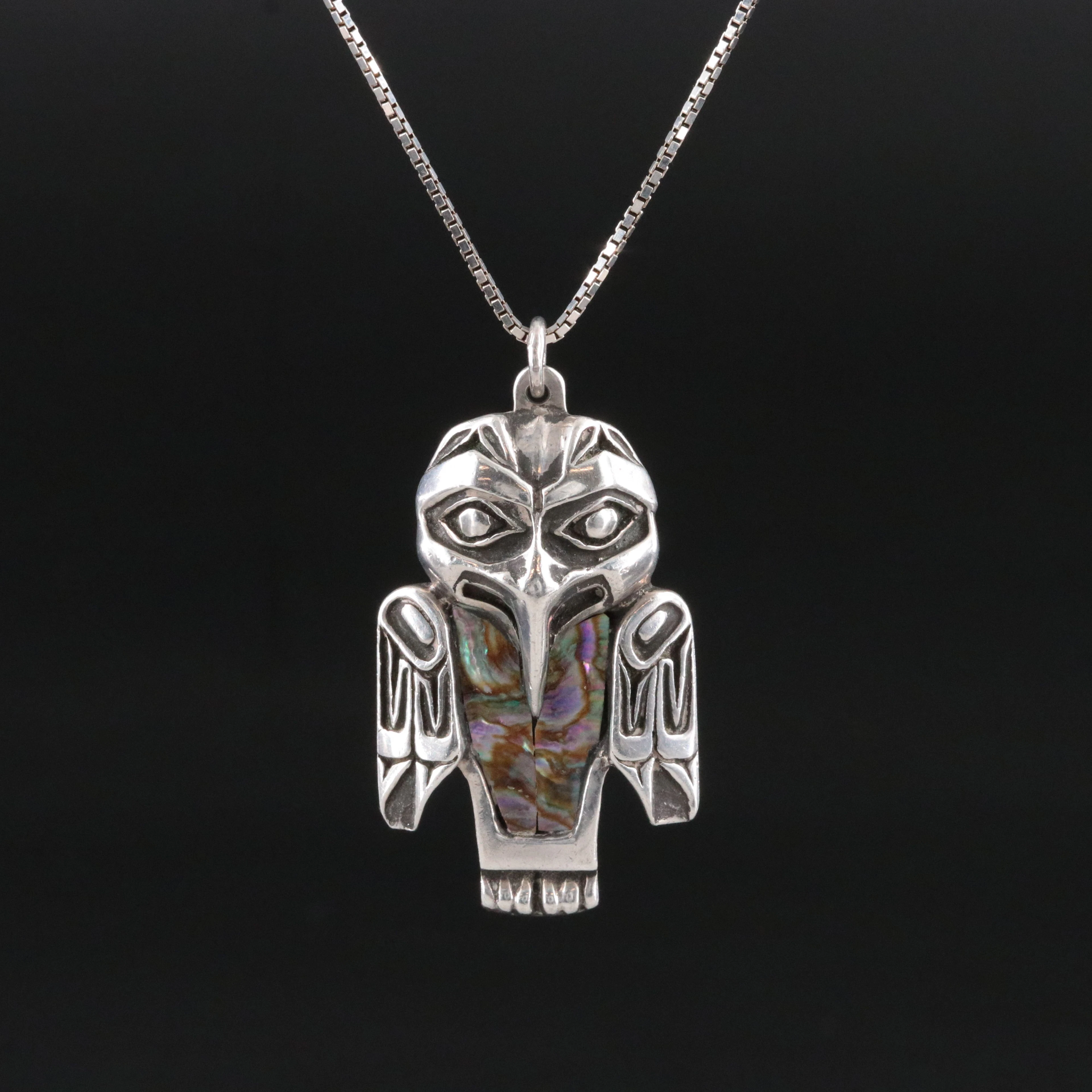 Jerry Hill Designs Sterling Abalone Pacific Northwestern Eagle Pendant Necklace