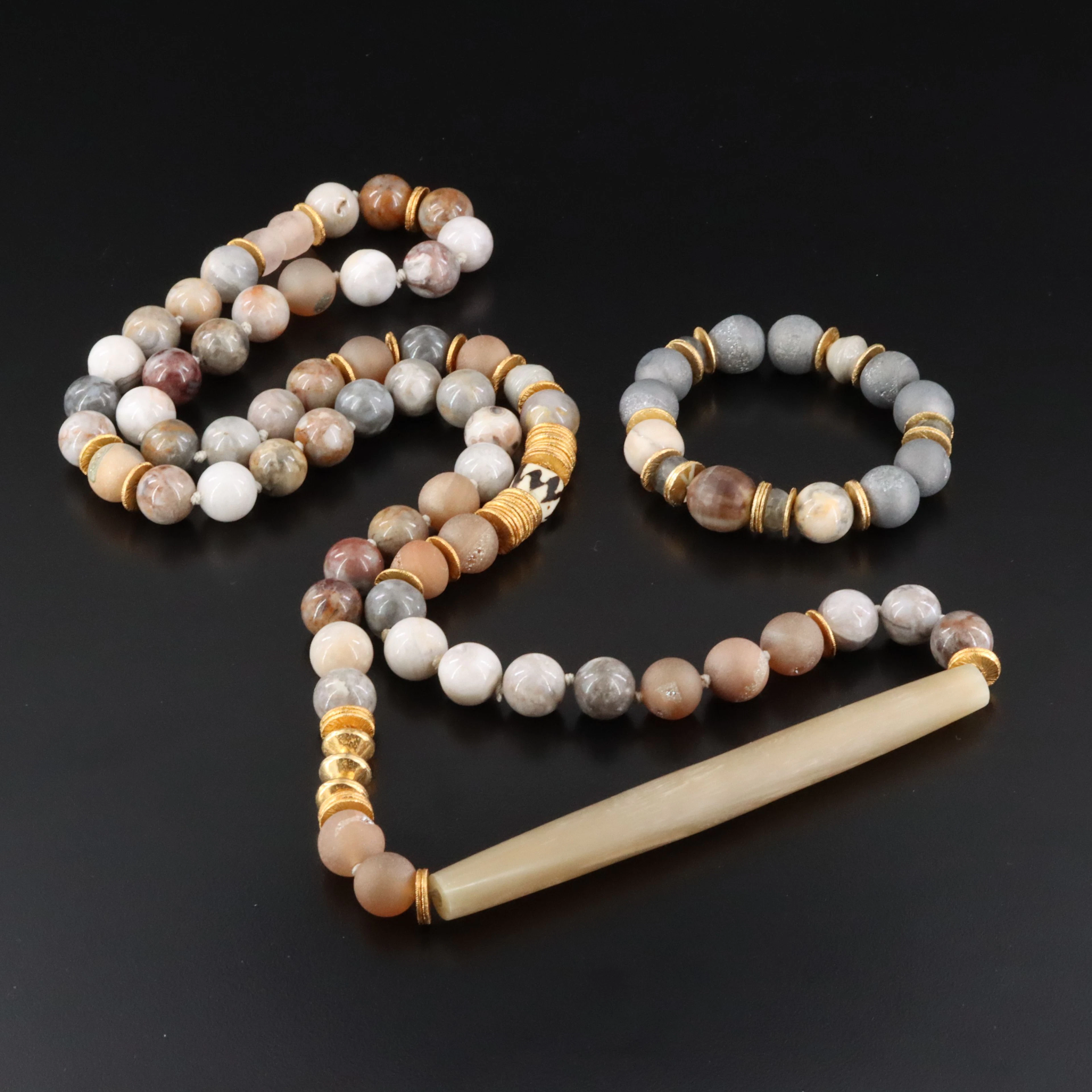 Jasper, Druzy and Horn Necklace and Bracelet