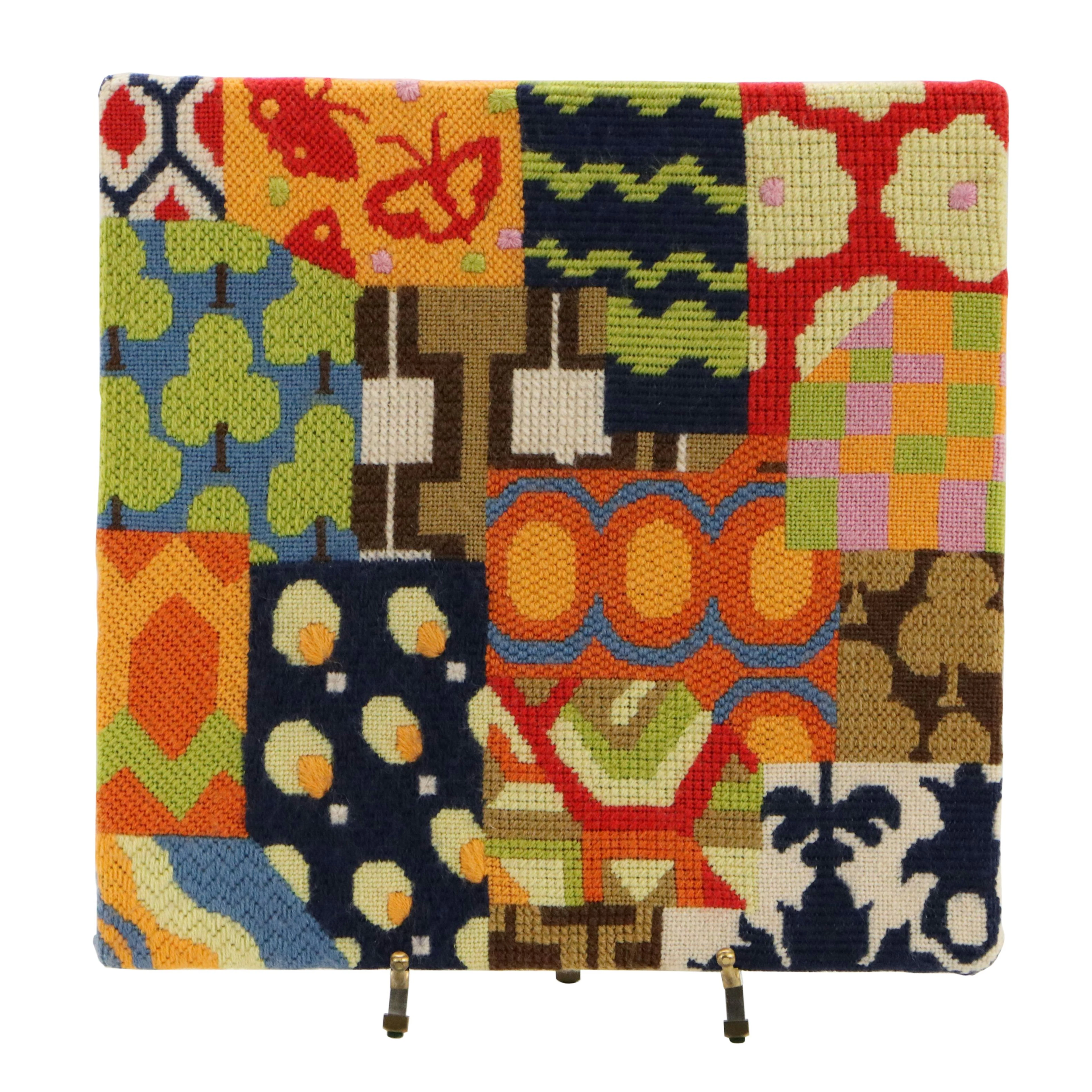 Jackie Zack Framed Needlepoint Patchwork Pattern Textile, Vintage