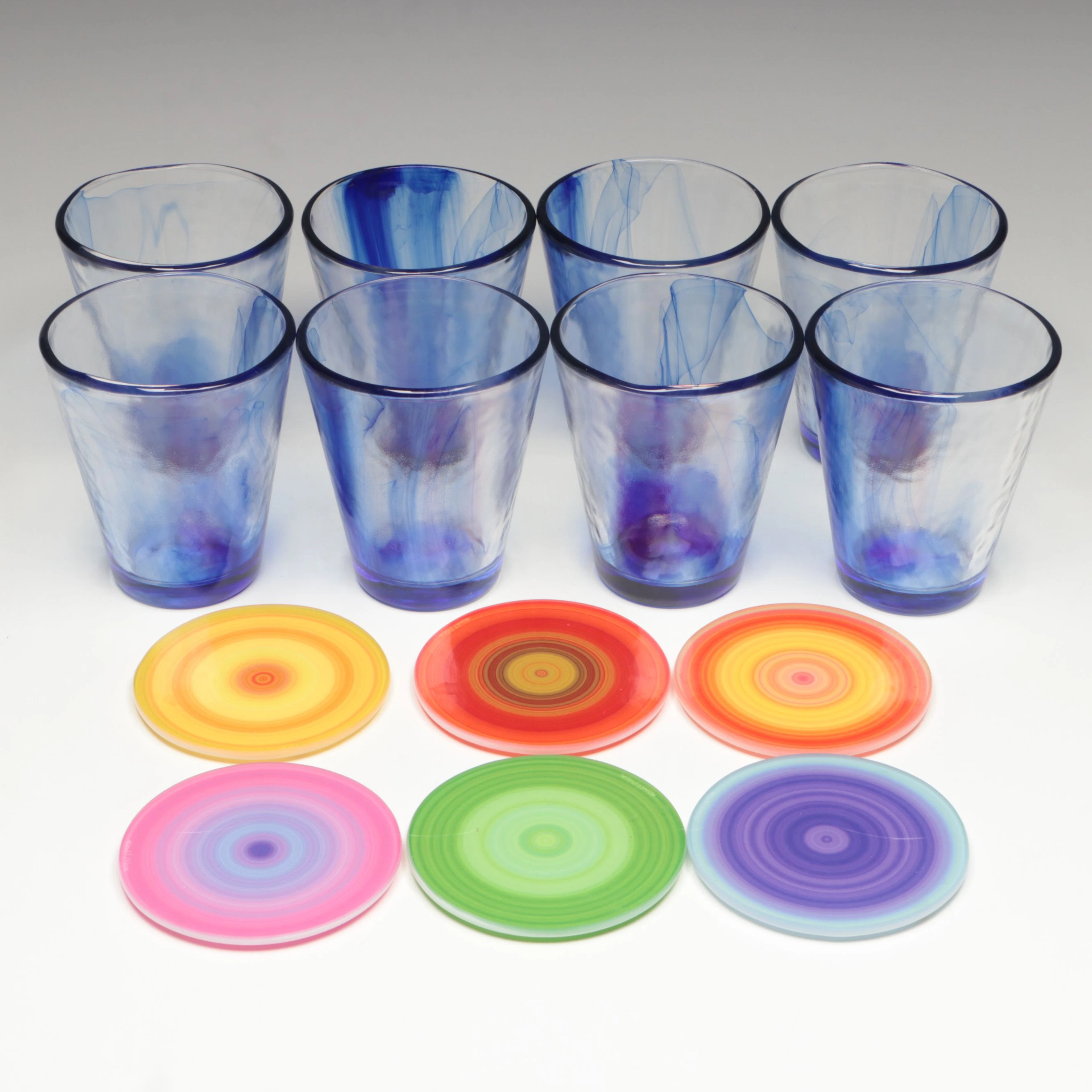 Bormioli Rocco "Murano Blue" Glass Tumblers with Multicolored Glass Coasters
