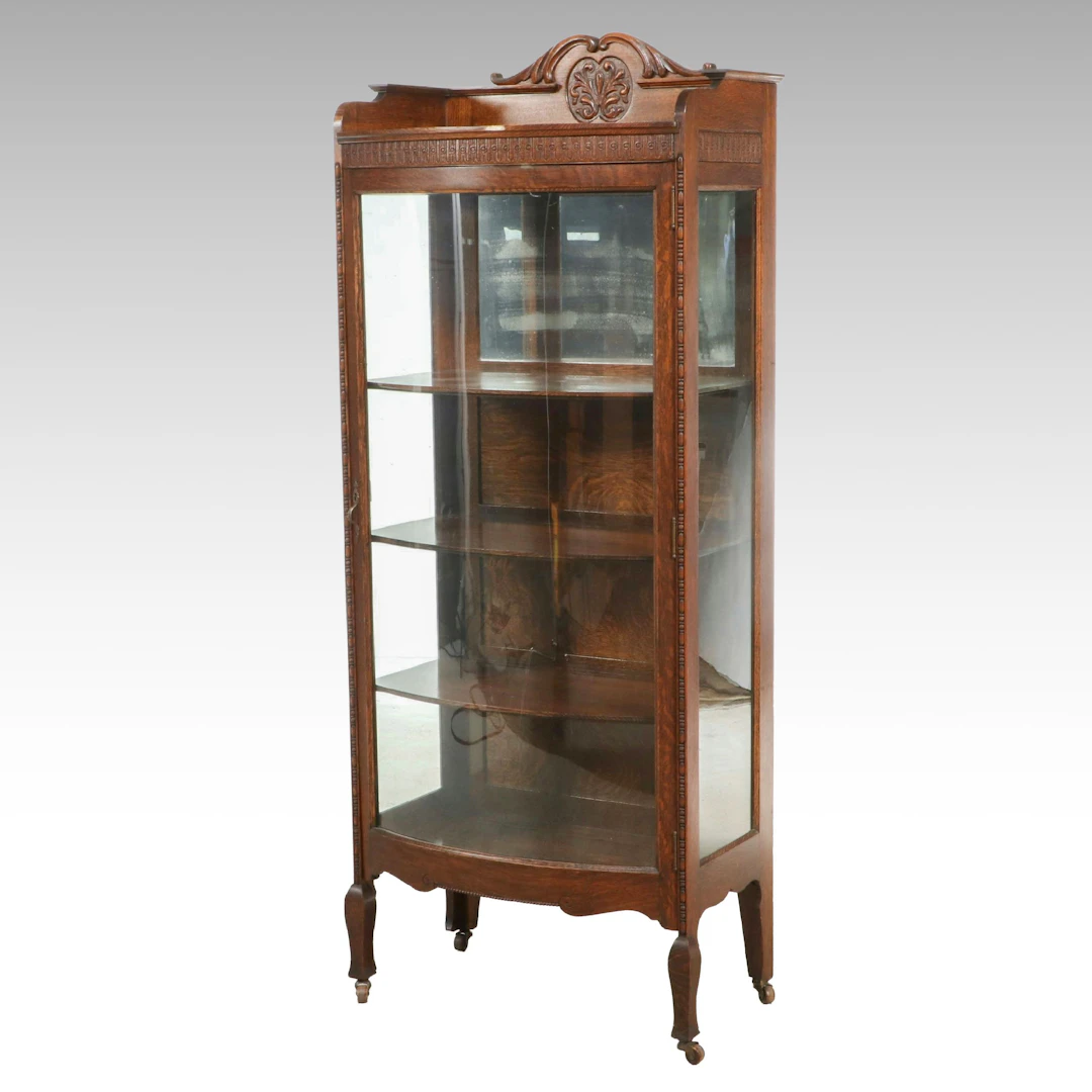 Late Victorian Bow Front Oak Display Cabinet, Late 19th/Early 20th Century