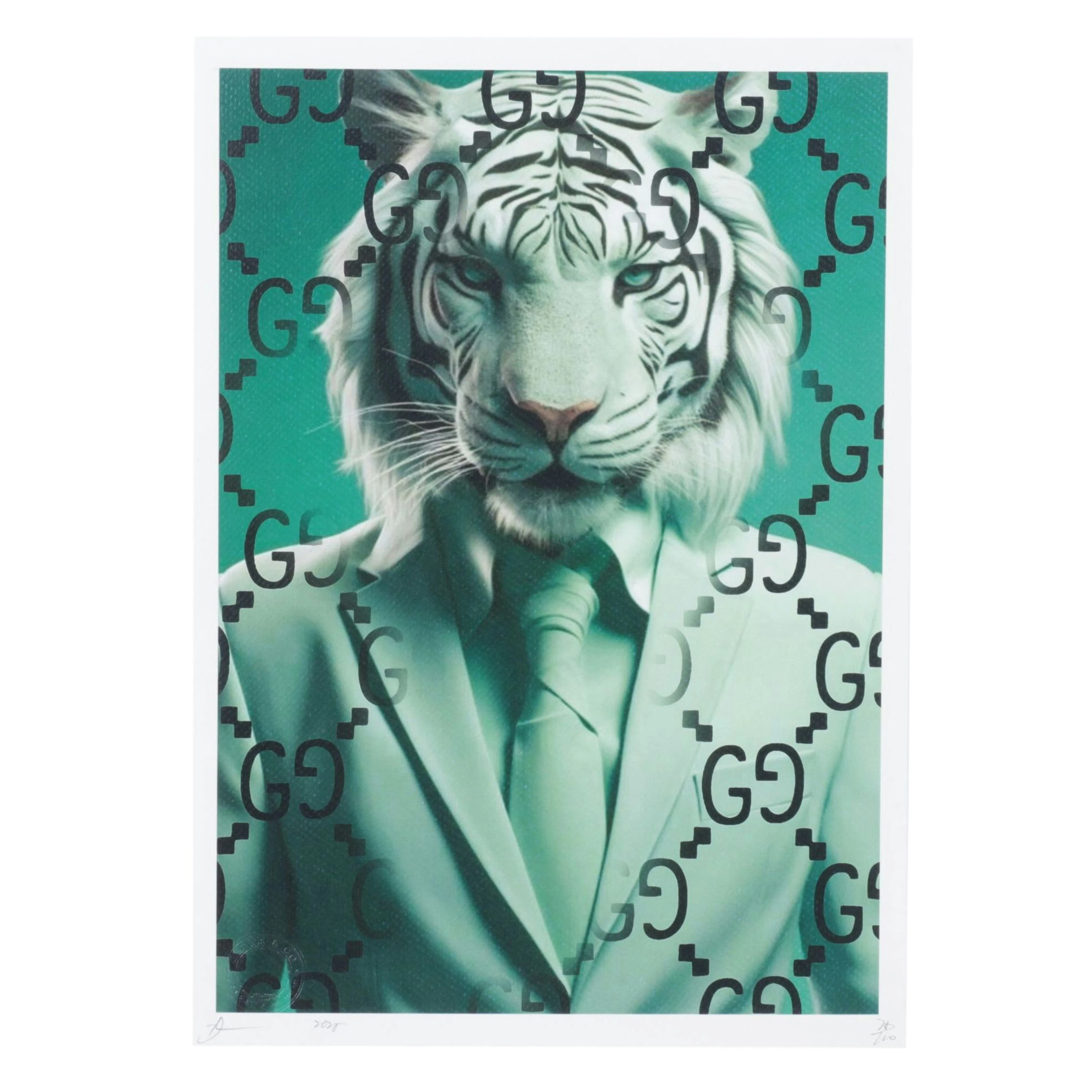 Death NYC Pop Art Graphic Print of White Tiger with Gucci, 2025