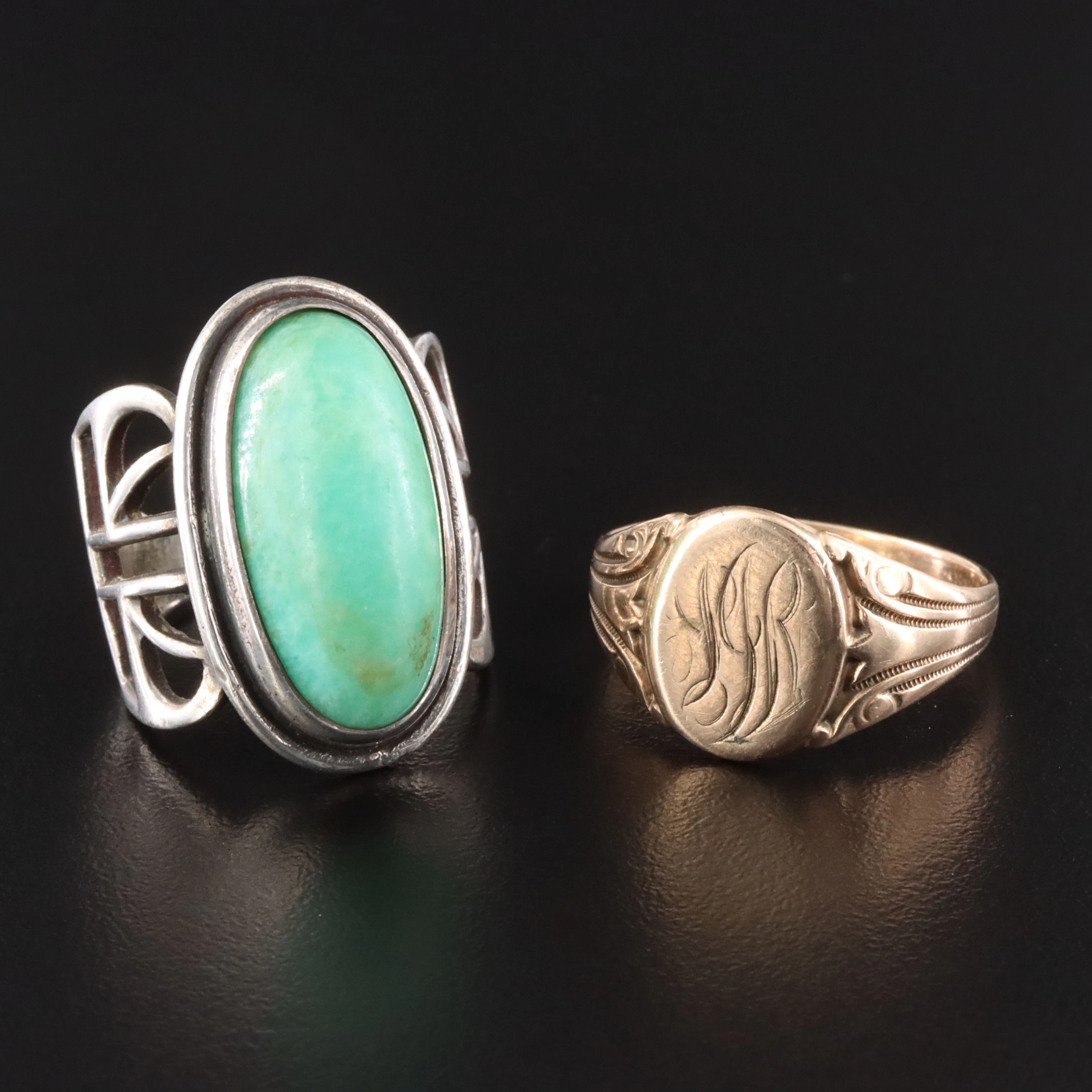 Antique Ostby & Barton Co. 10K Signet & Art Deco Amazonite Sterling Rings