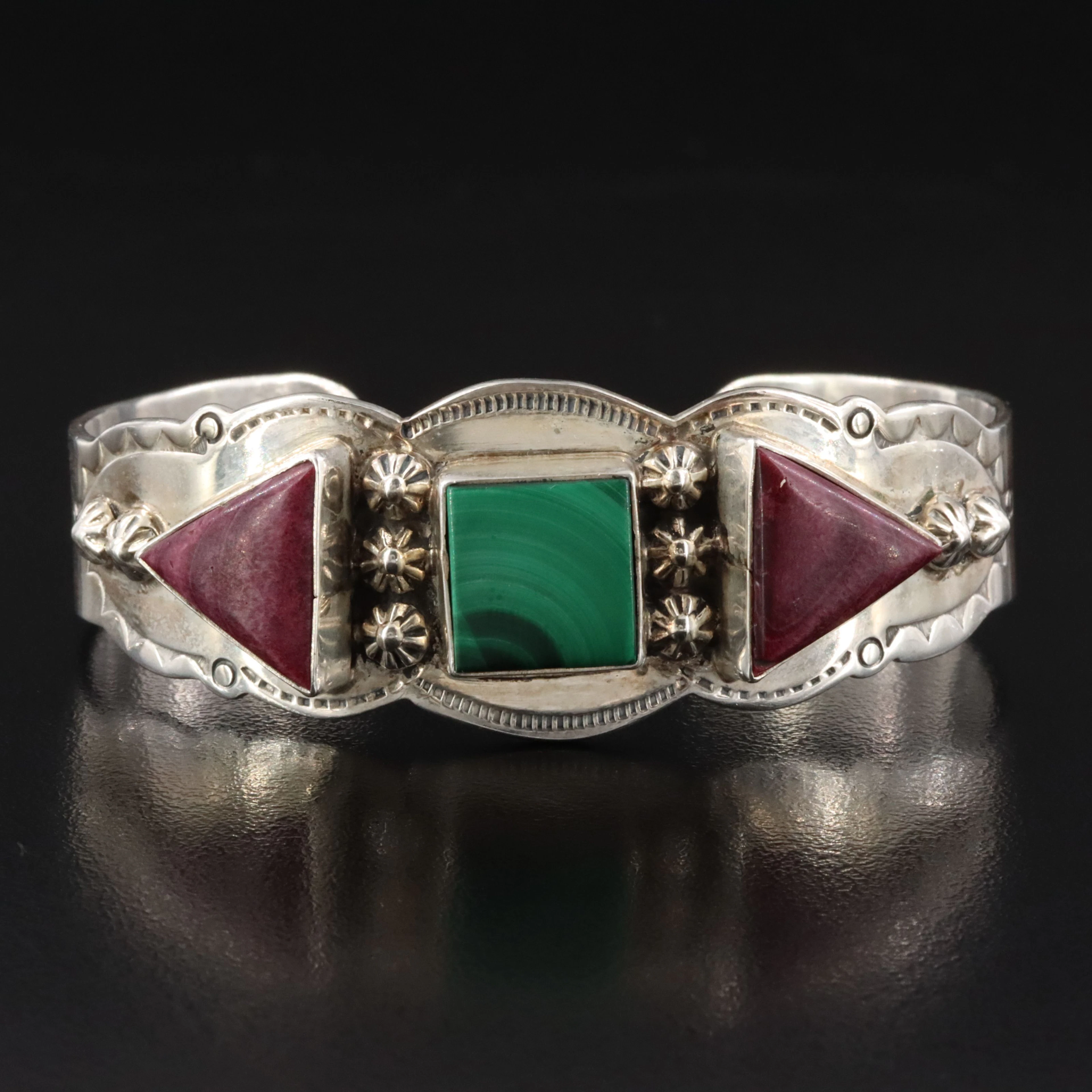 Western Style Sterling Malachite & Spiny Oyster Bracelet
