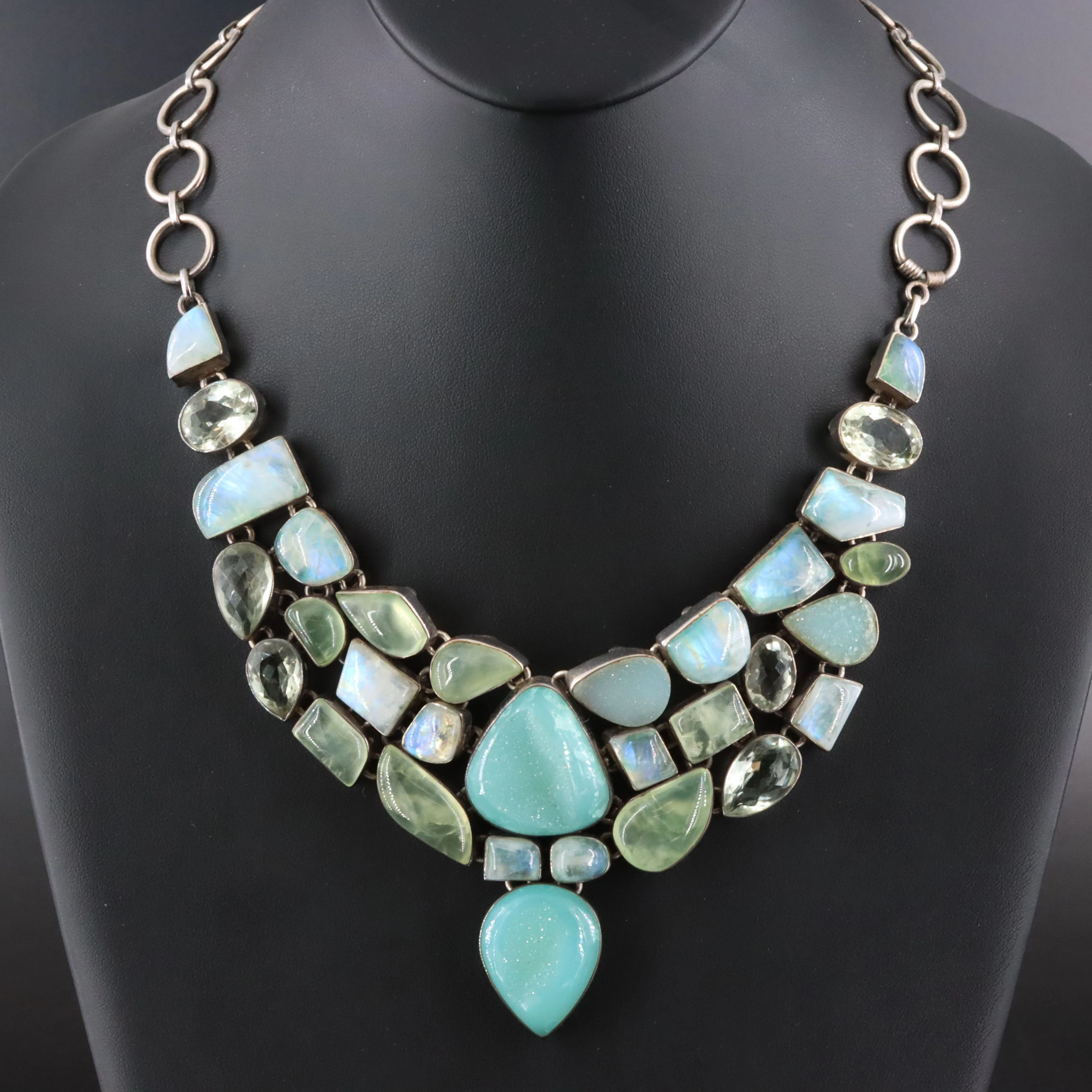 Sterling Gemstone Necklace Including Rainbow Moonstone, Prehnite & Druzy