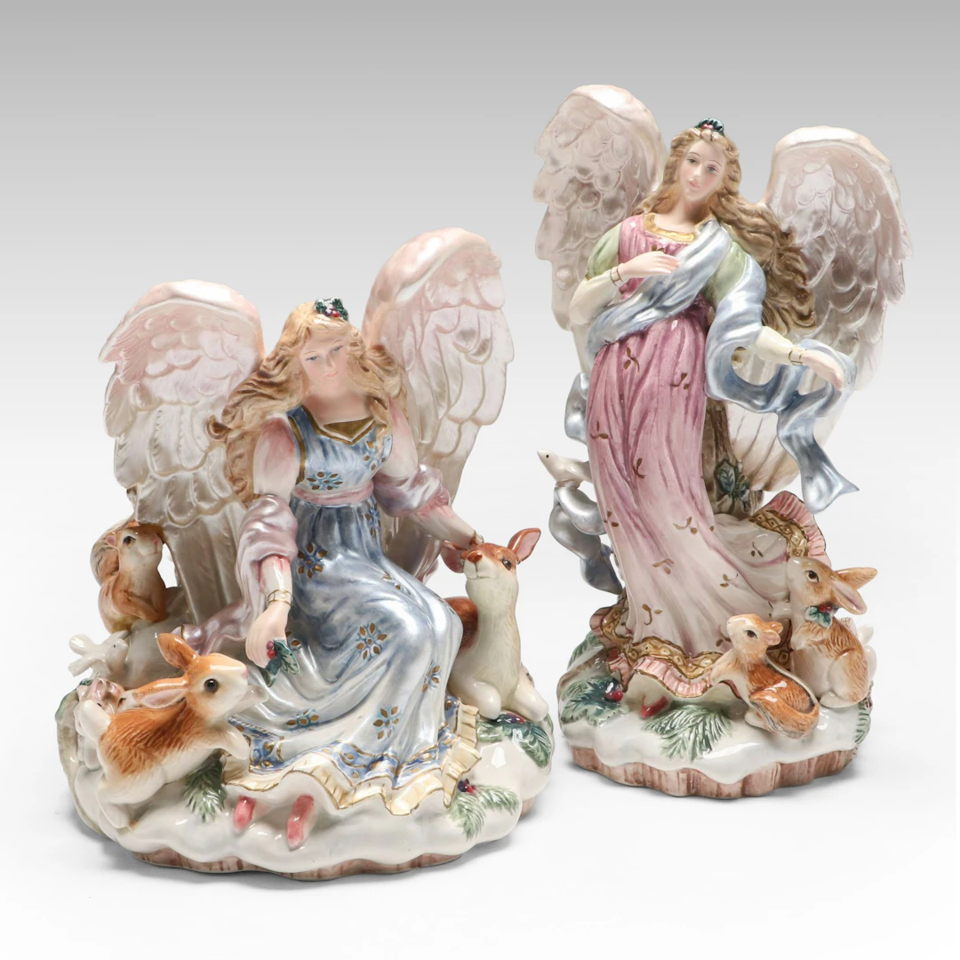 Fitz & Floyd "Peaceable Kingdom" Ceramic Angel Candlestick and Candle Holder