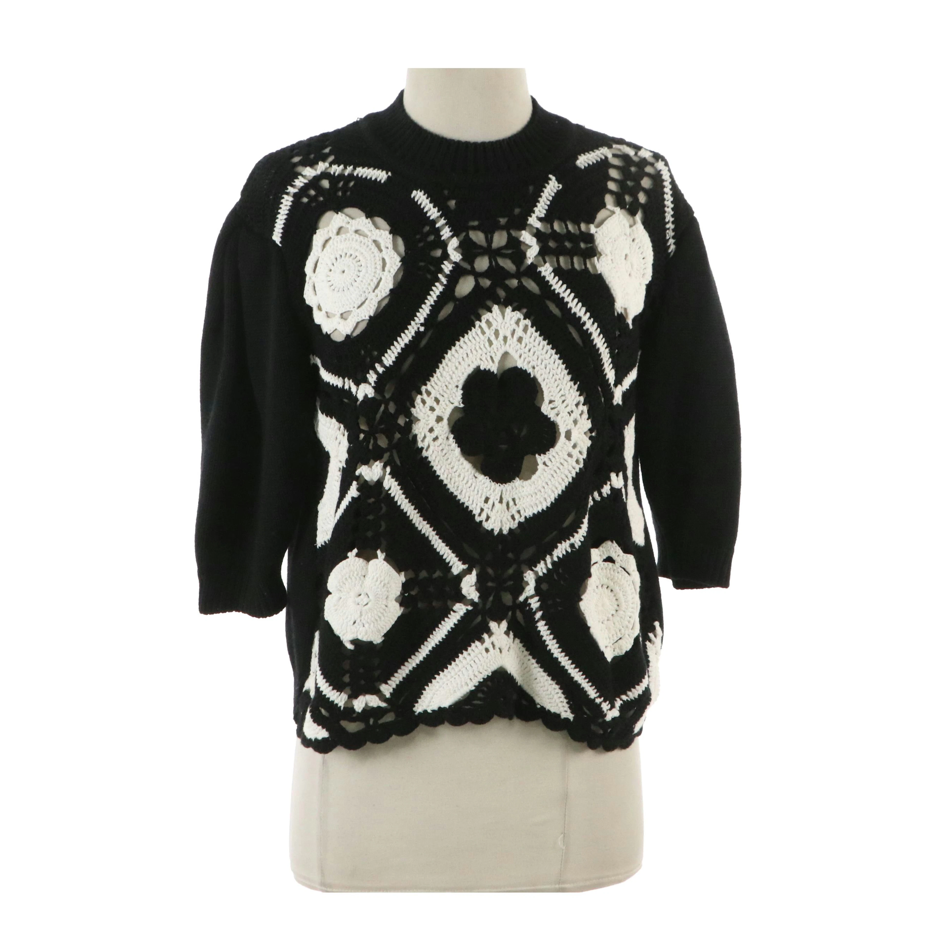 Alexander McQueen McQ Wool Blend Crochet Knit Sweater in Black and White