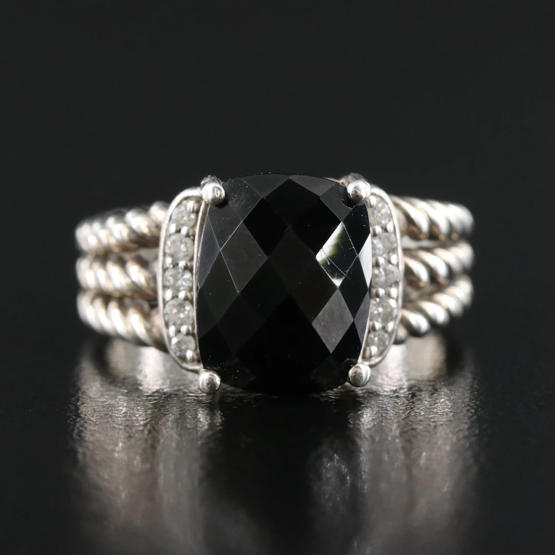 David Yurman Petite Wheaton Sterling Black Onyx and Diamond Ring