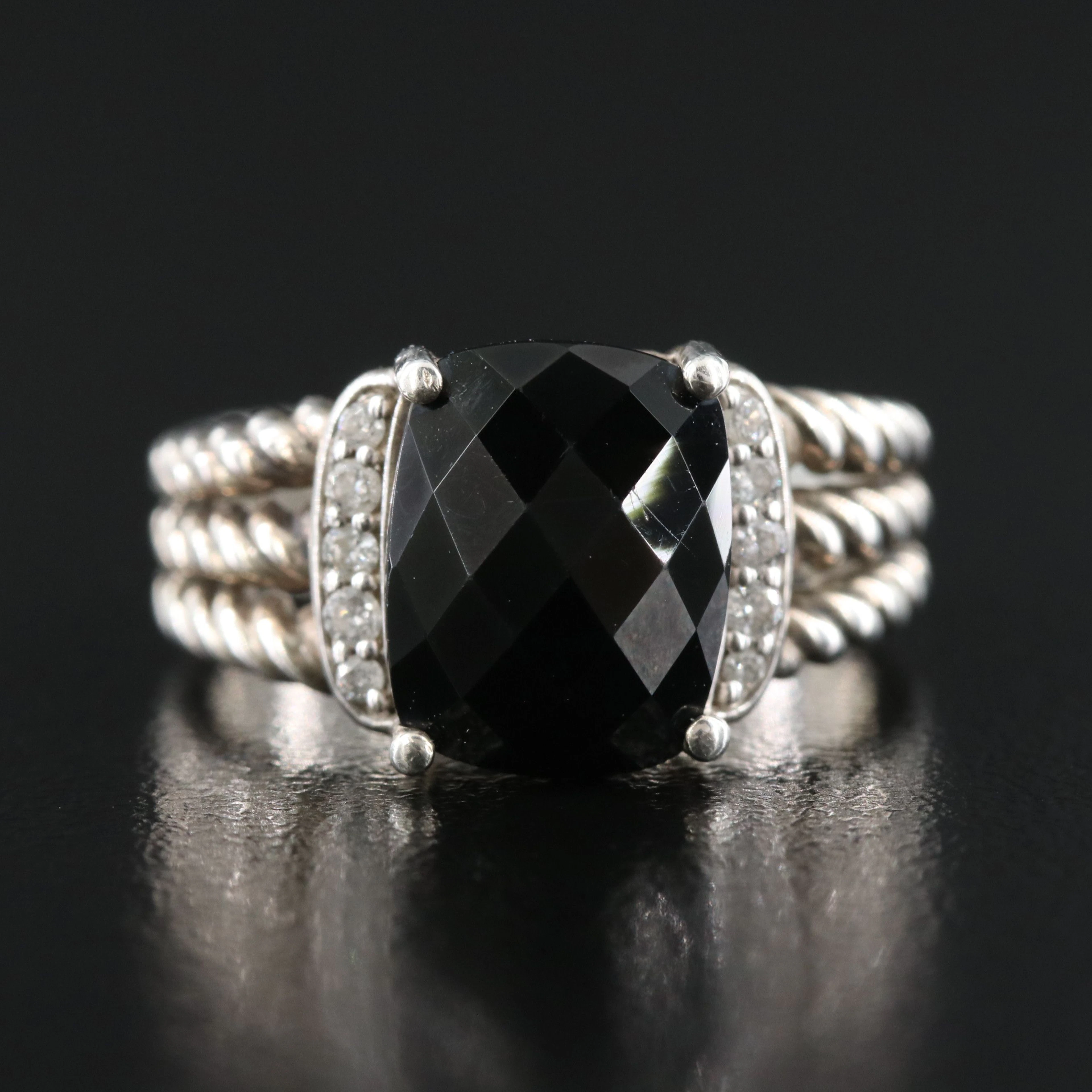 David Yurman Petite Wheaton Sterling Black Onyx and Diamond Ring