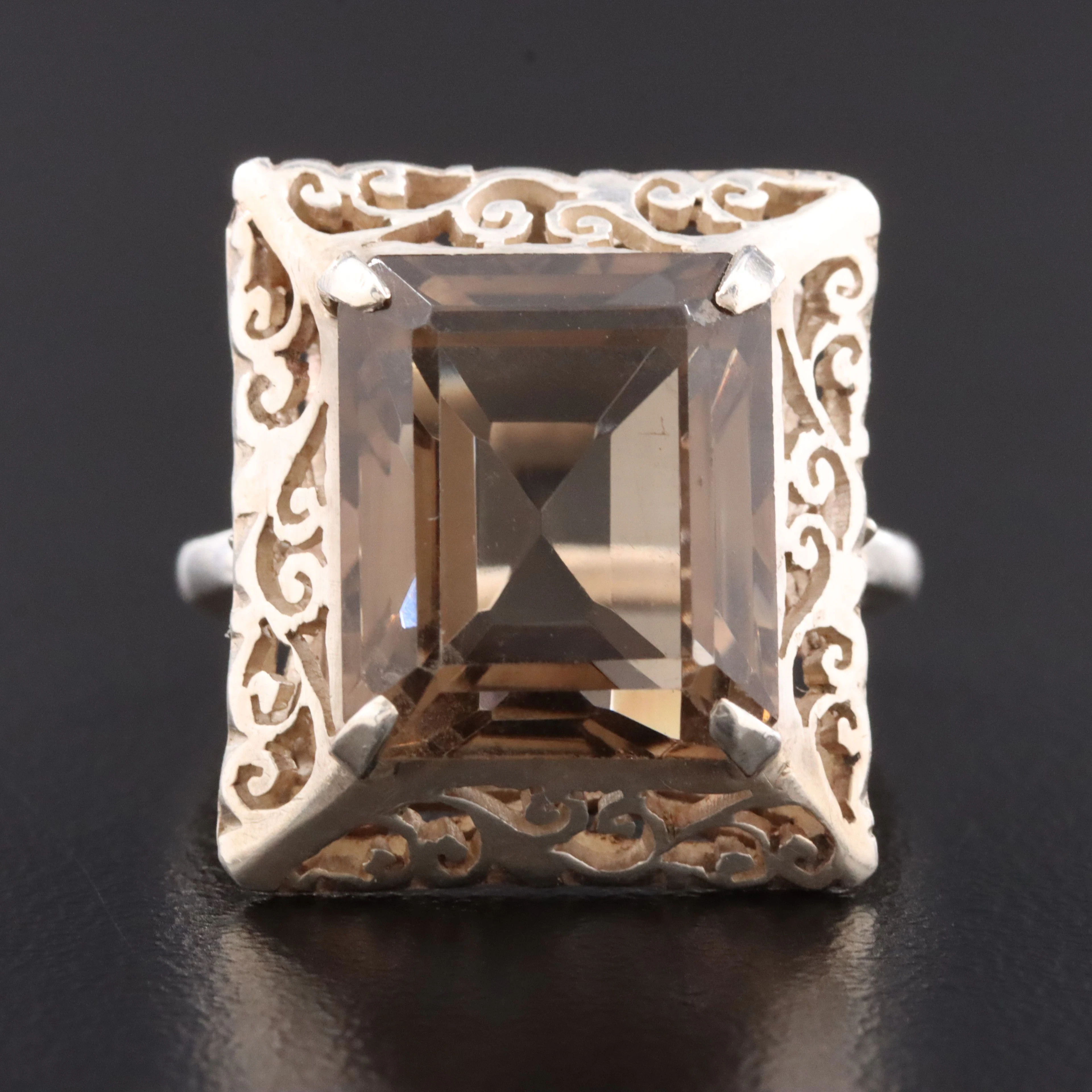 Sterling Smoky Quartz Ring with Cut-Out Scroll Halo