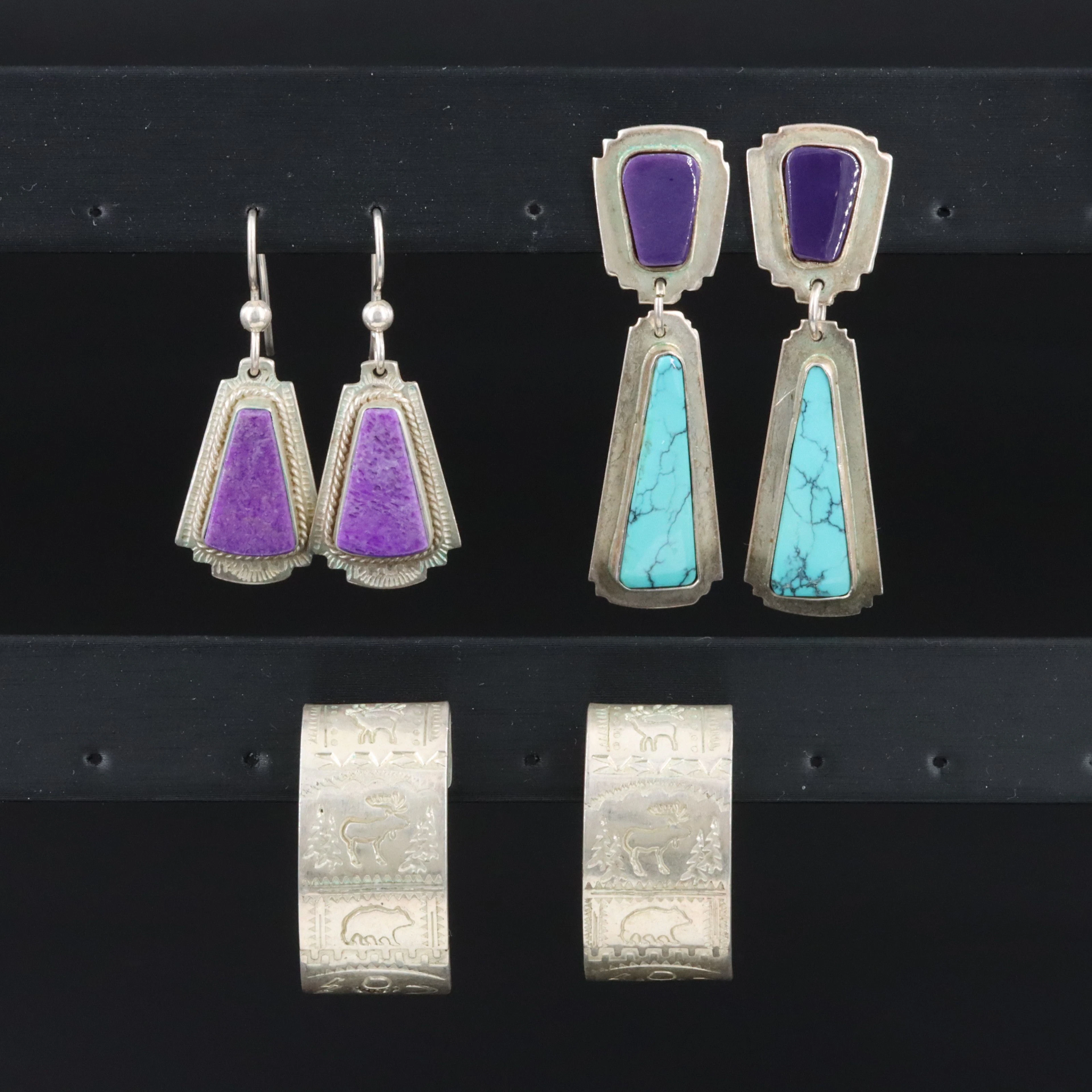 Harold Lujan Taos Pueblo Sterling Earrings Featuring Turquoise and Sugilite