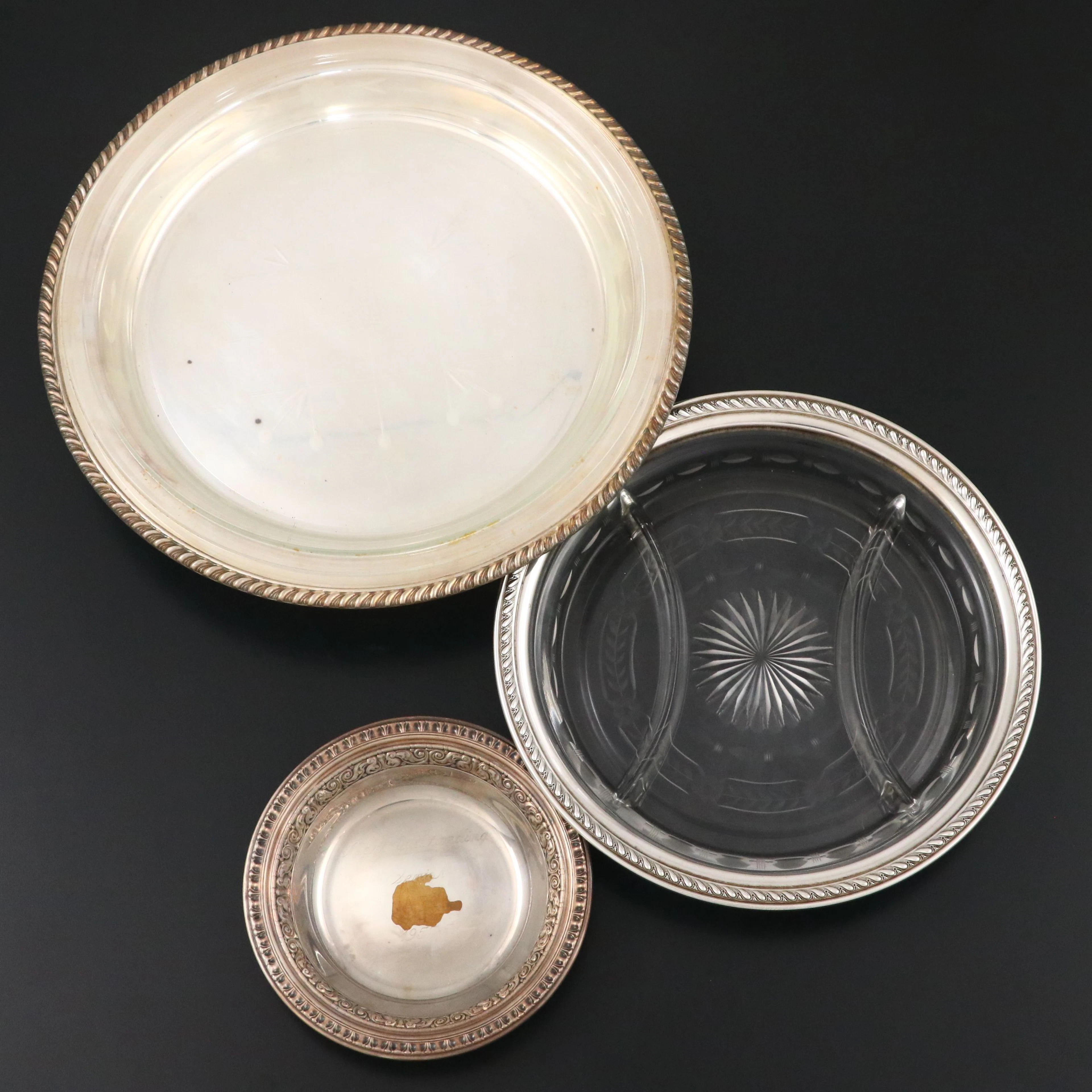Alvin Sterling Rim Divided Tray with Silver Plate and Cut Glass Tableware