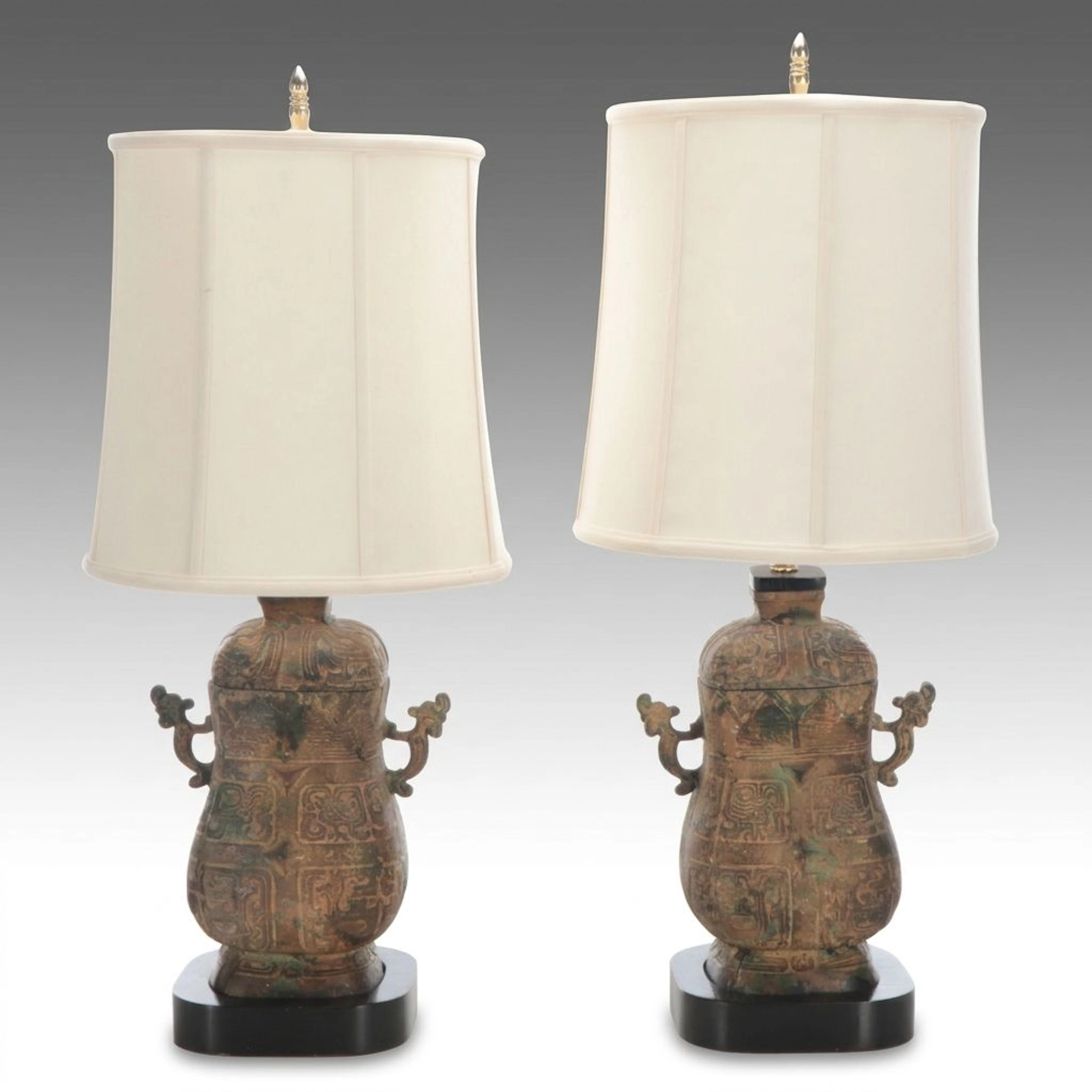 Chinese Style Porcelain Fanghu Vessel with Dragon Form Loop Handles Table Lamps