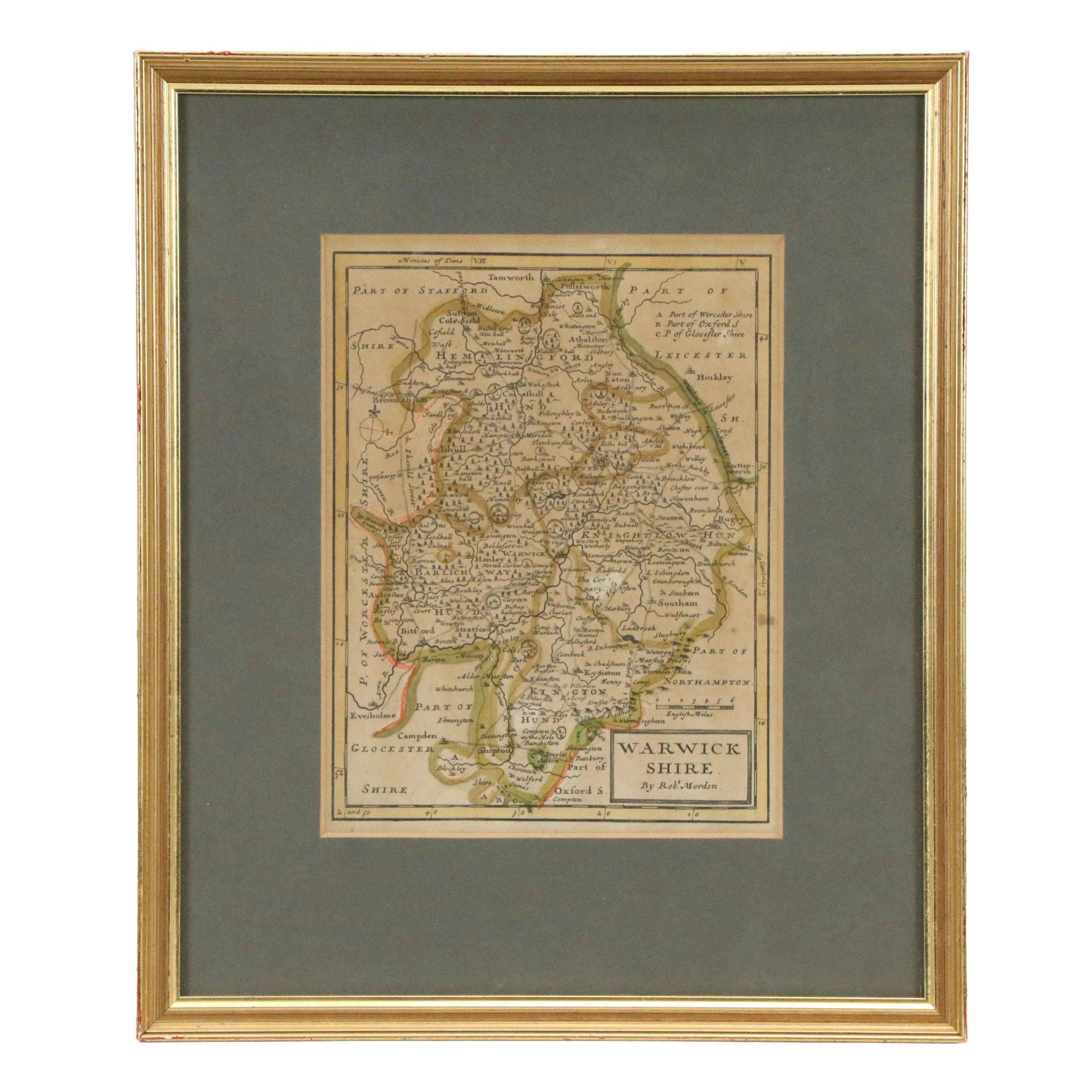 Robert Morden Hand-Colored Map Engraving "Warwickshire," 1738