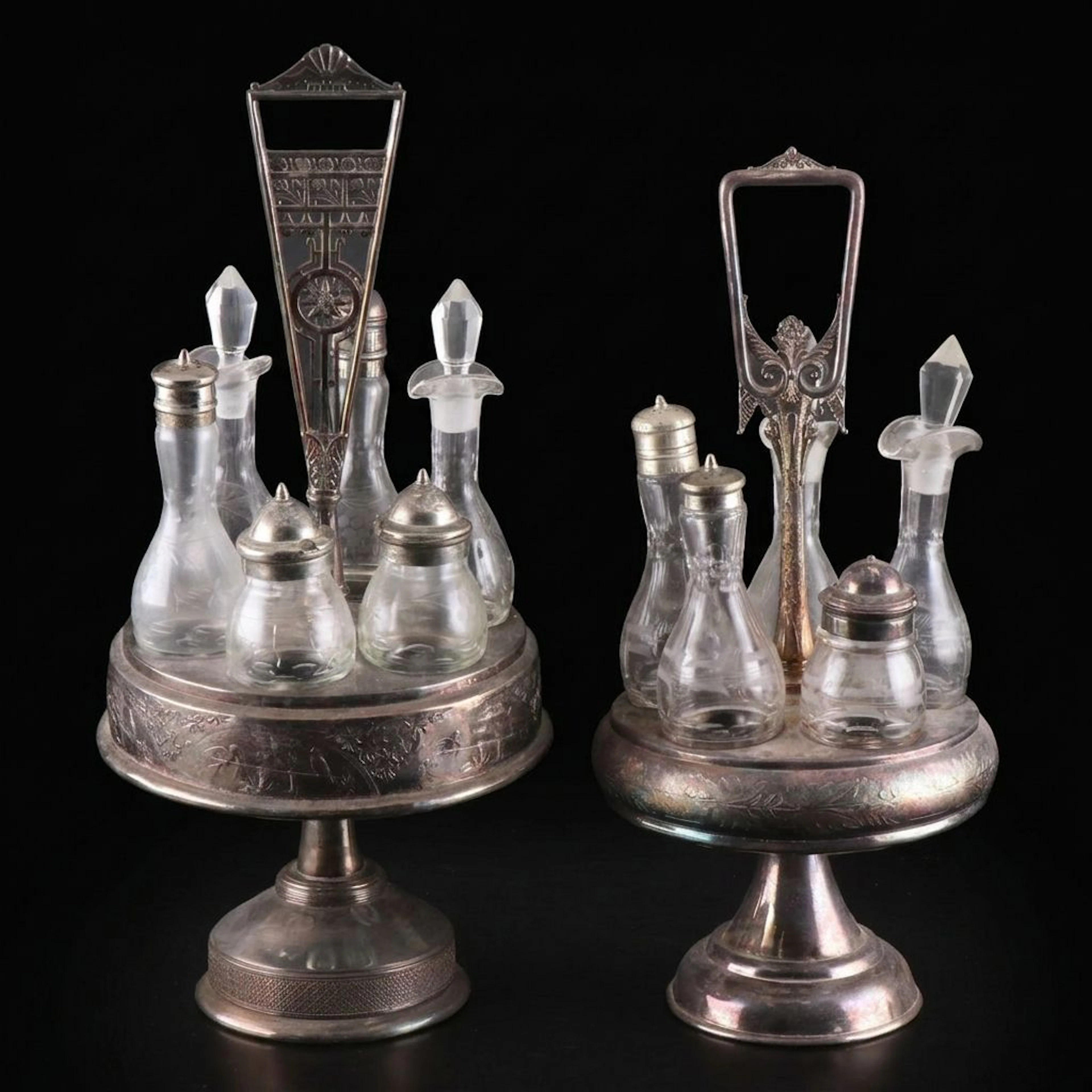 Victorian Style Floral Etched Silver Plate and Glass Cruet Sets, Vintage