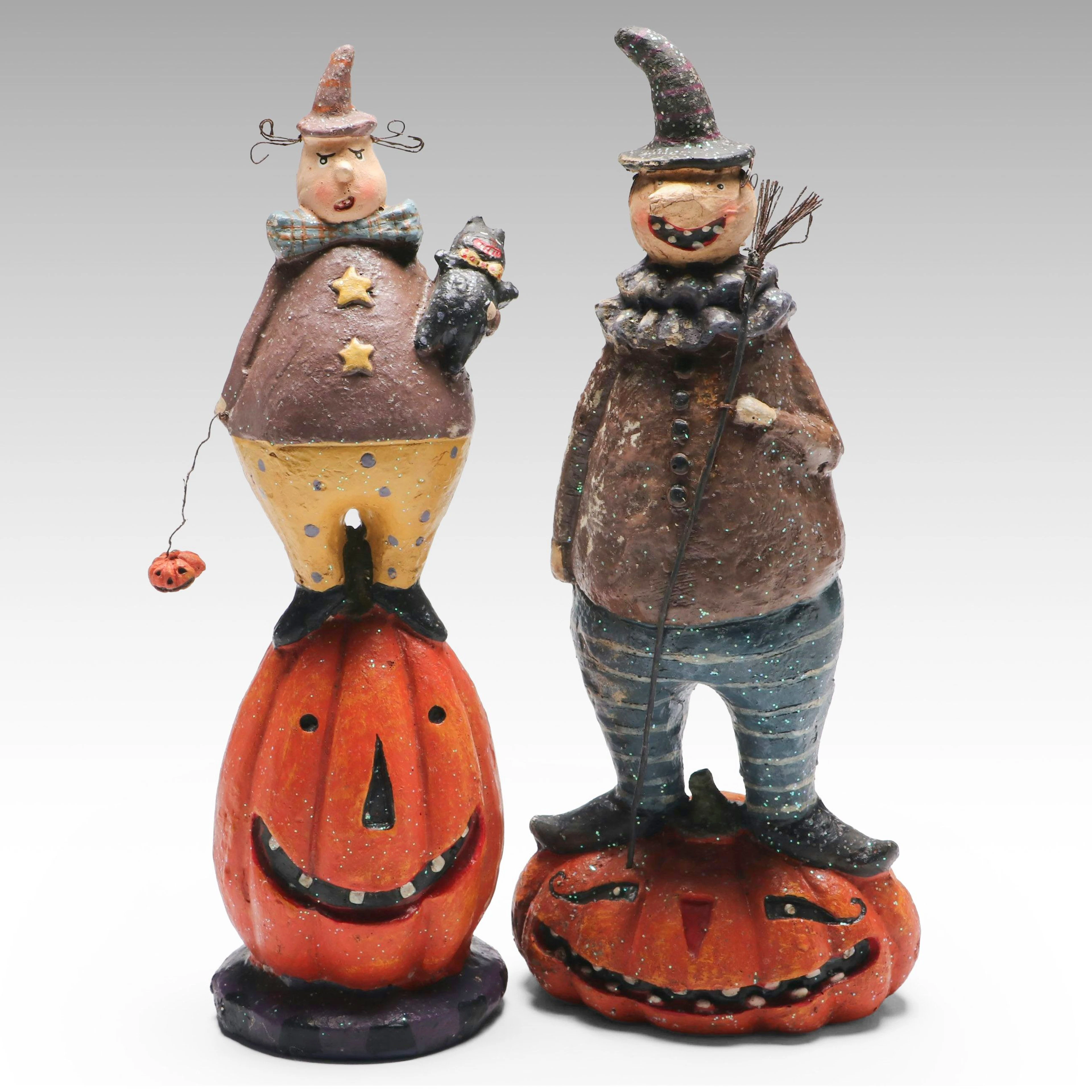 Halloween Folk Art Jack-o'-Lantern and Witch Figurines