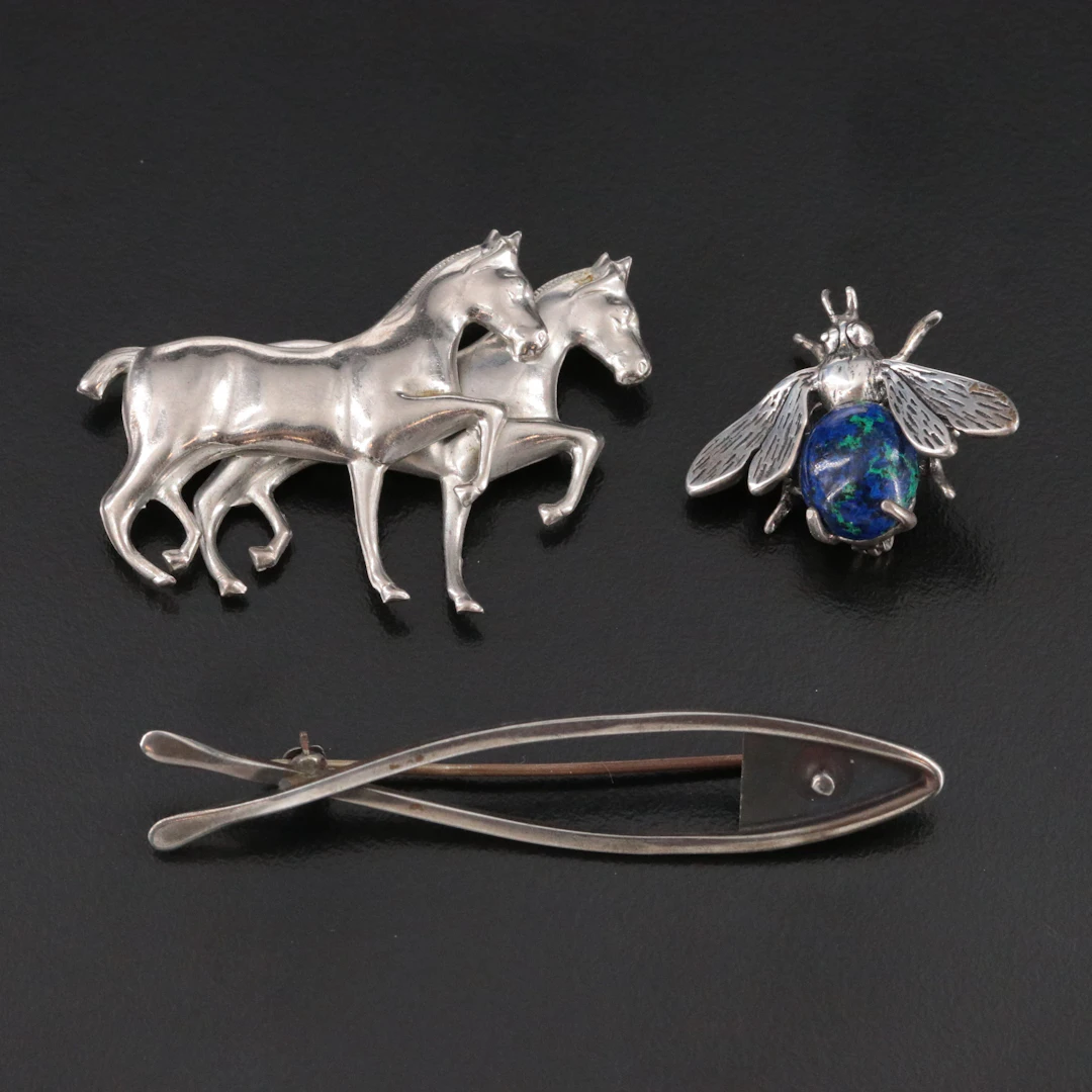 Sterling Ichthys, Horse and Bug Pins & Brooches Including Azurmalachite