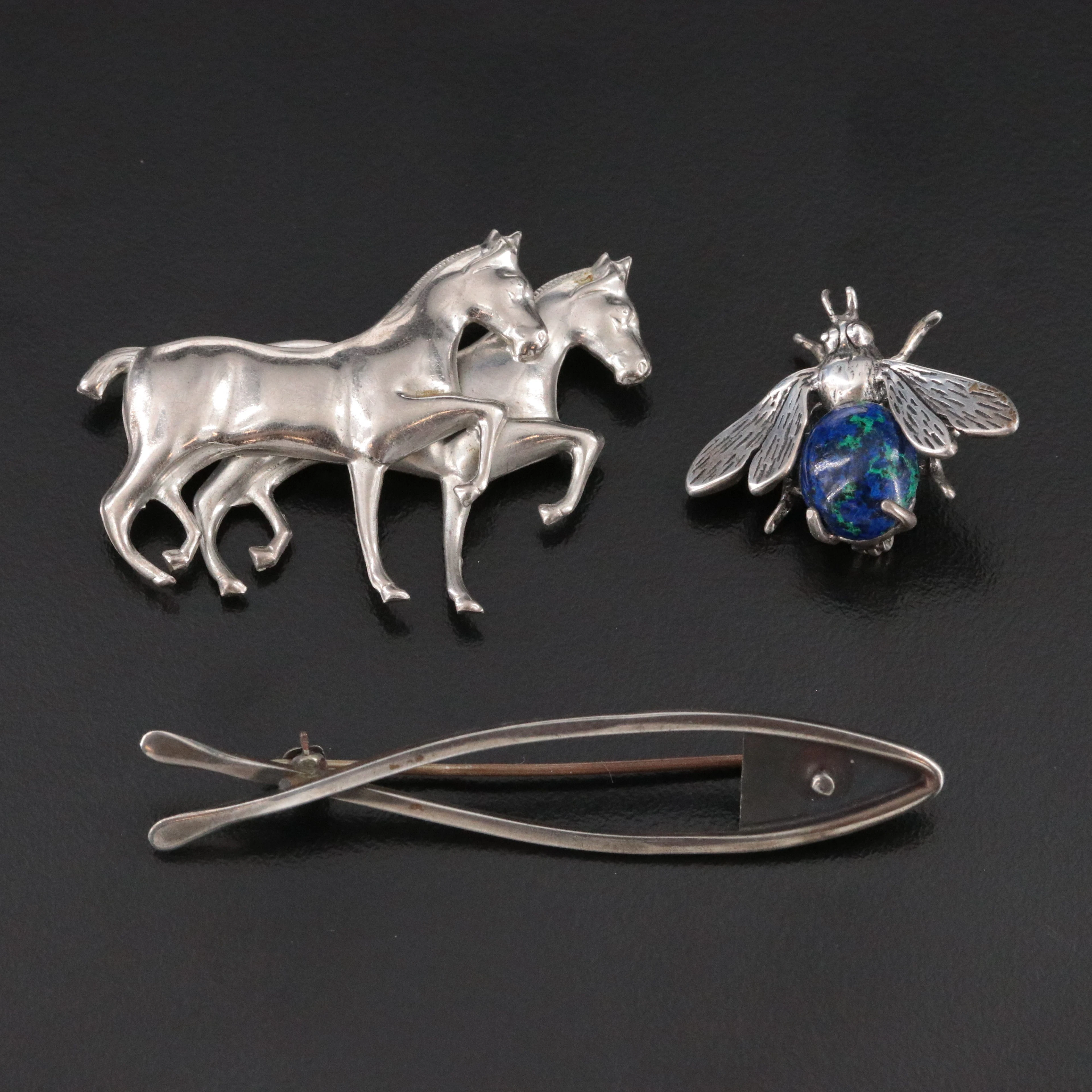 Sterling Ichthys, Horse and Bug Pins & Brooches Including Azurmalachite