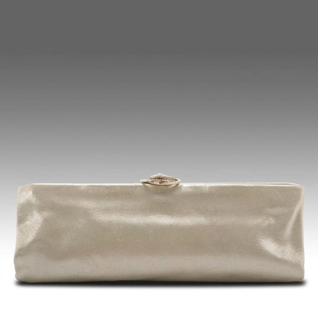 Chanel Crystal Clasp Evening Clutch Purse in Glitter Satin Textile