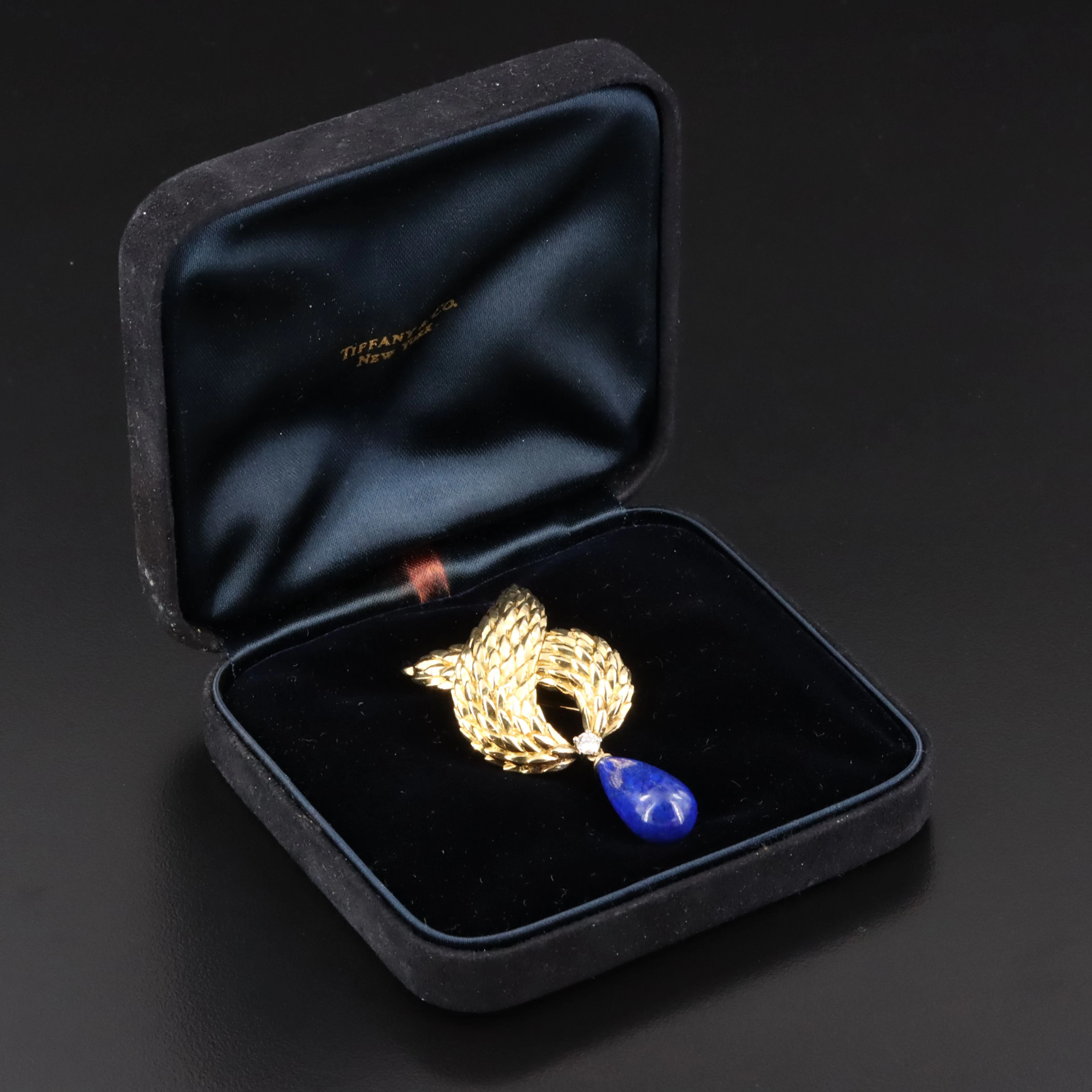Vintage 1960s Tiffany & Co. 18K Lapis and Diamond Brooch Italy
