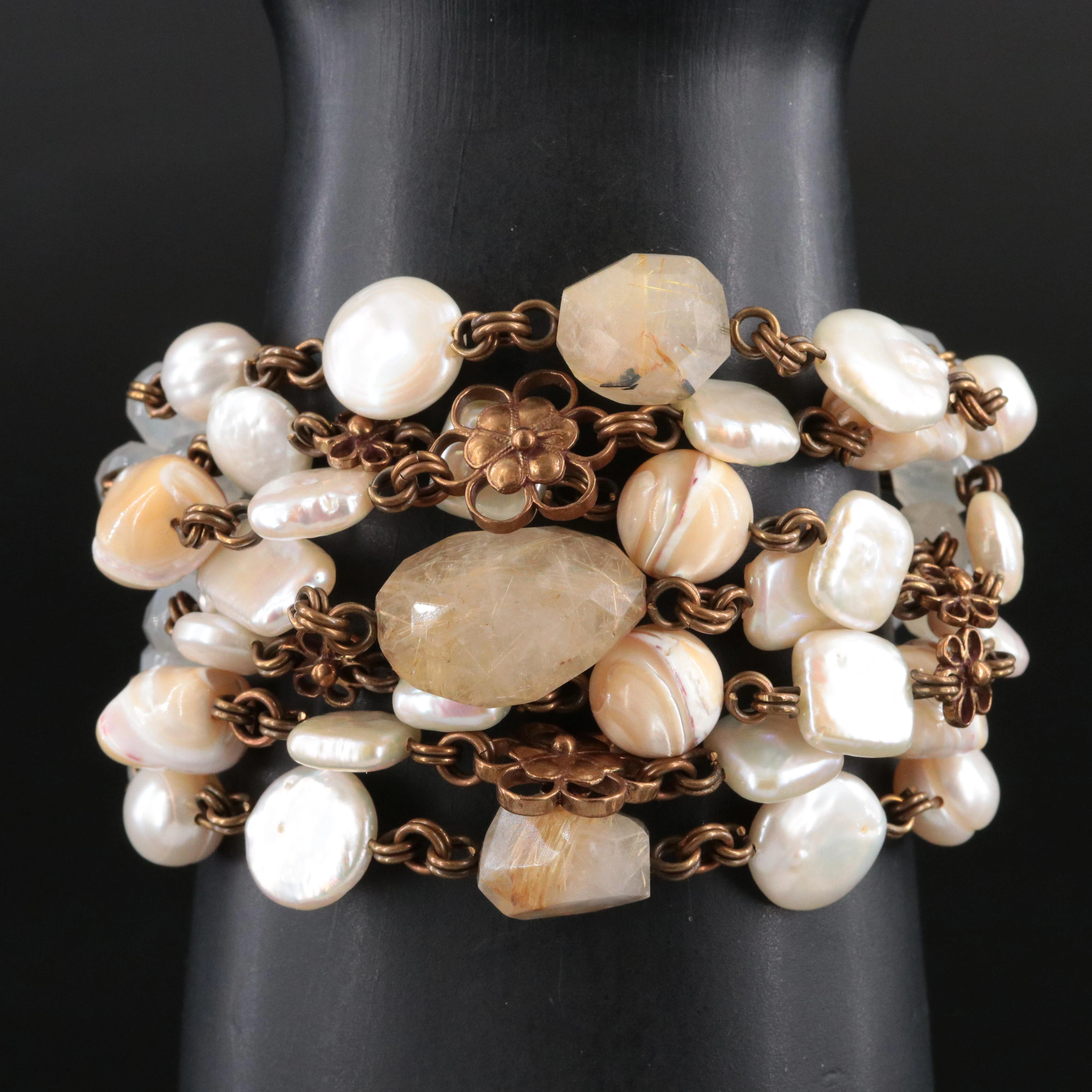 Stephen Dweck Rutilated Quartz, Pearl and Shell Bracelet
