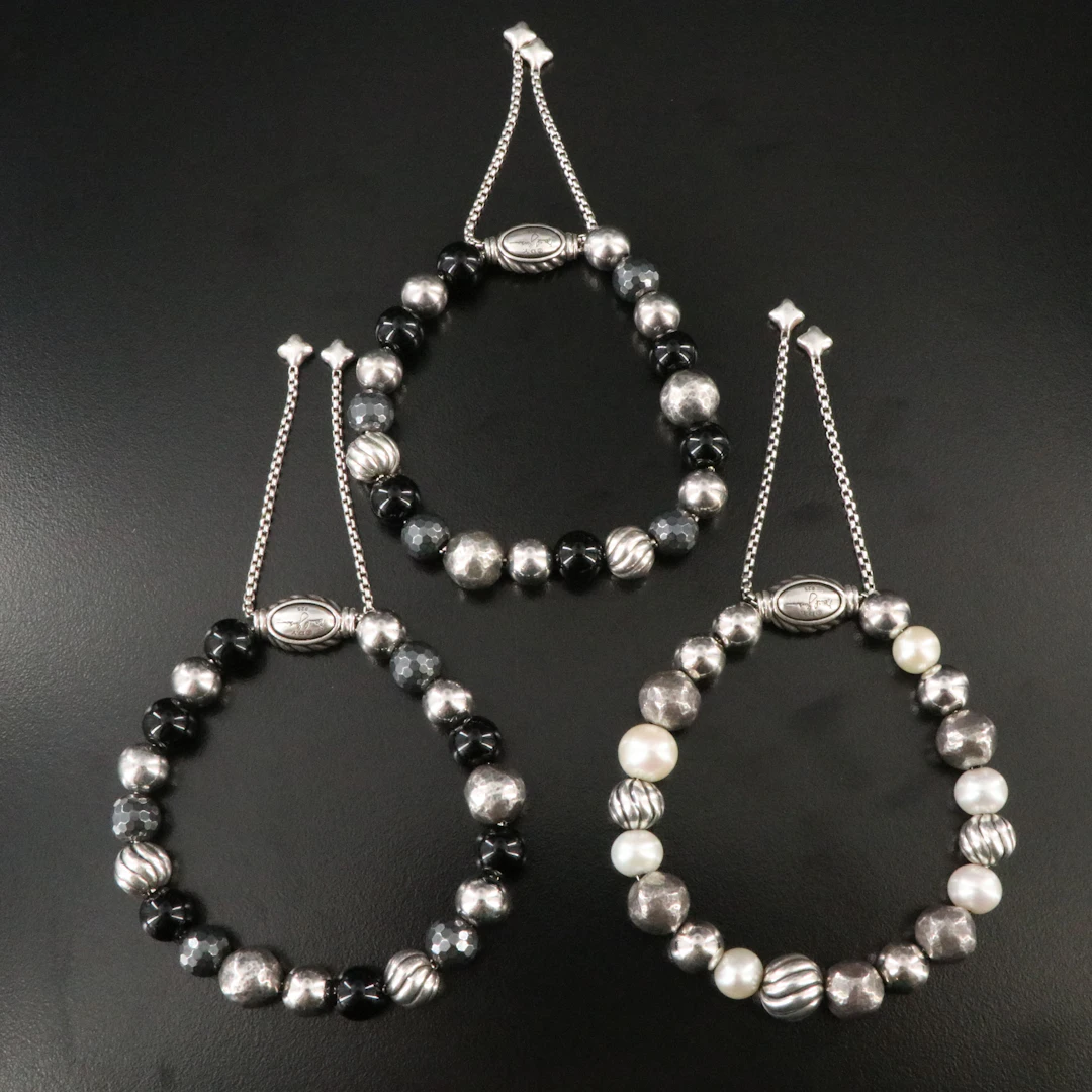 David Yurman DY Elements Sterling Black Onyx, Hematine and Pearl Bracelets