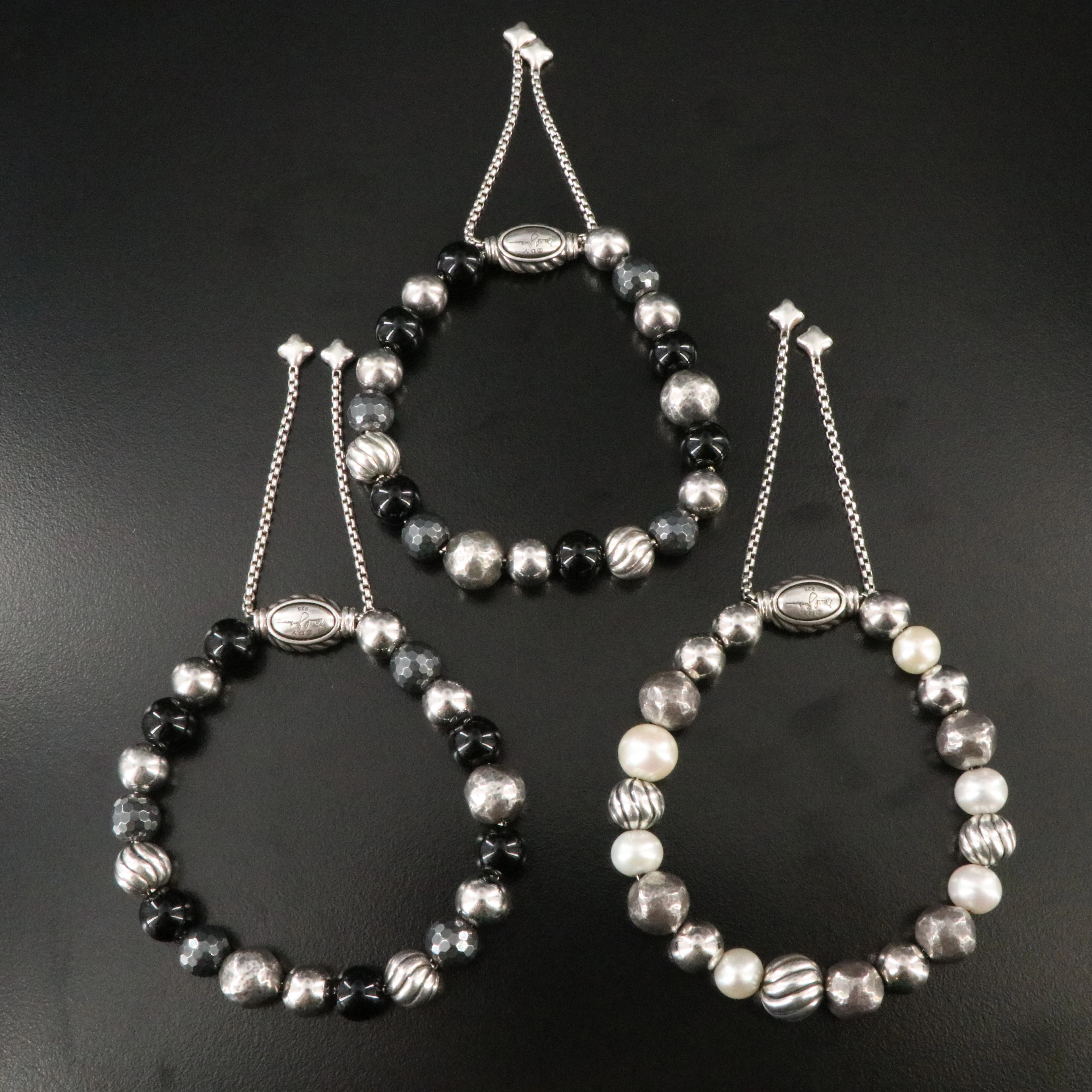 David Yurman DY Elements Sterling Black Onyx, Hematine and Pearl Bracelets