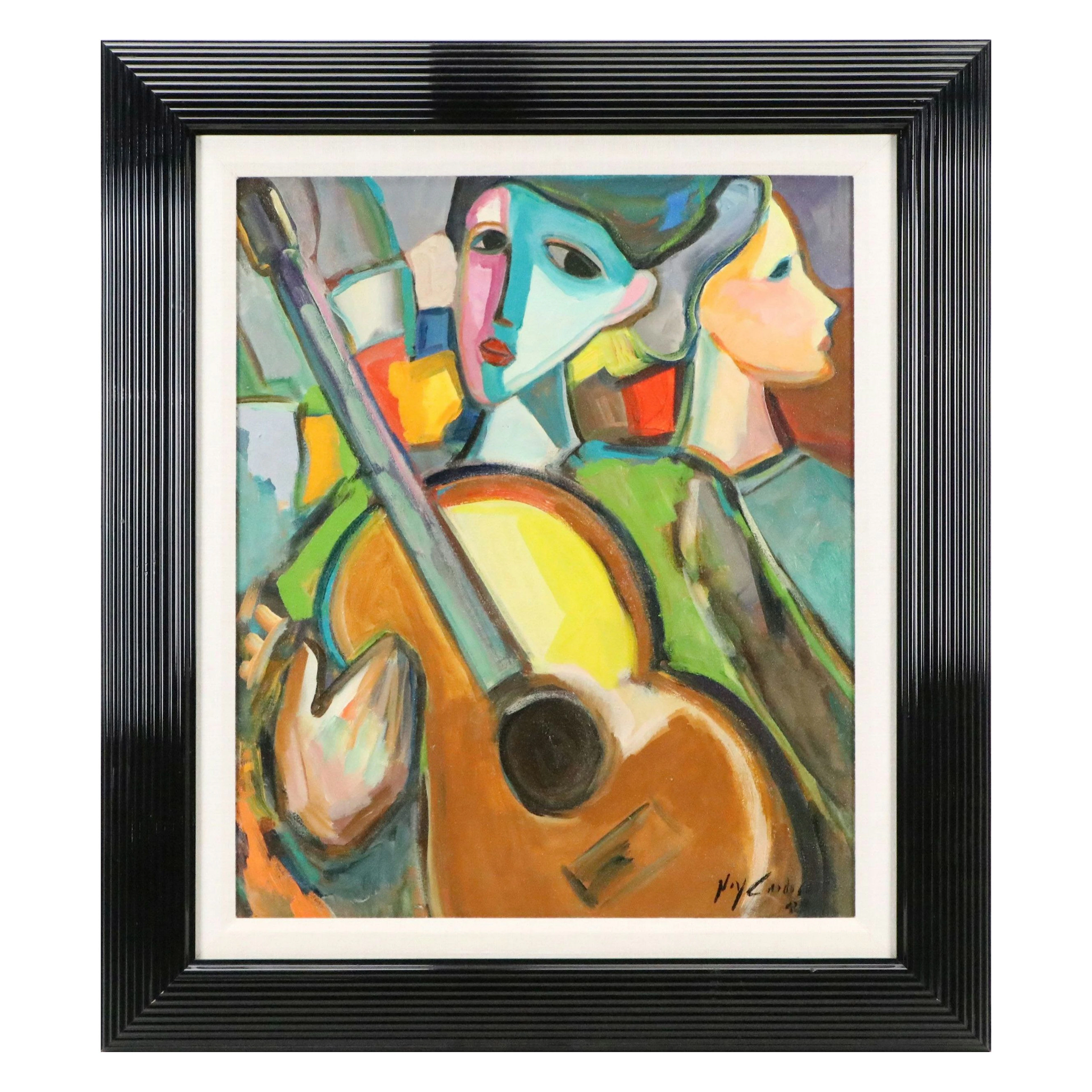 Ney Cardoso Cubistic Oil Painting of Guitarist, 1992
