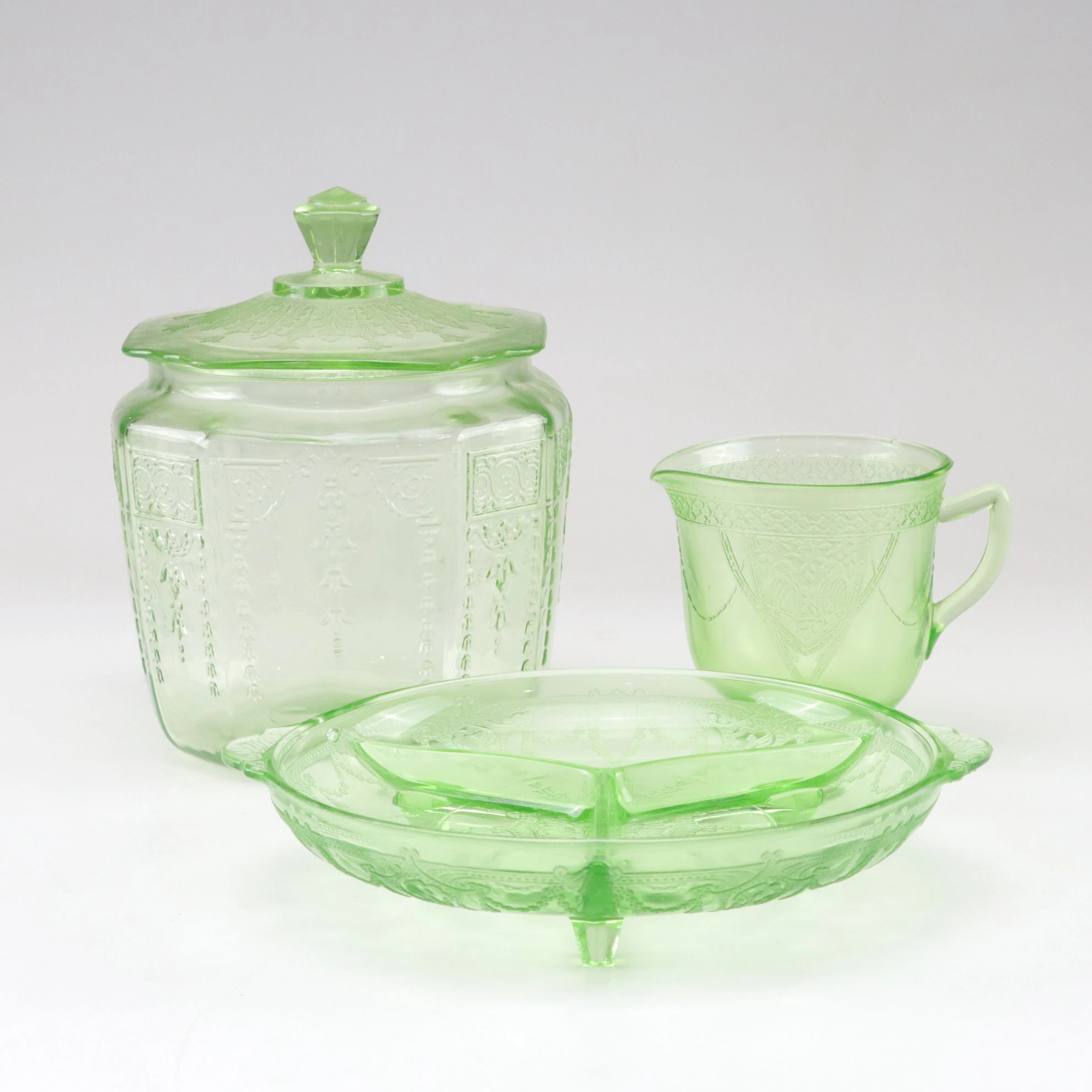 Uranium Depression Glass Cookie Jar, Creamer, & Divided Serving Dish