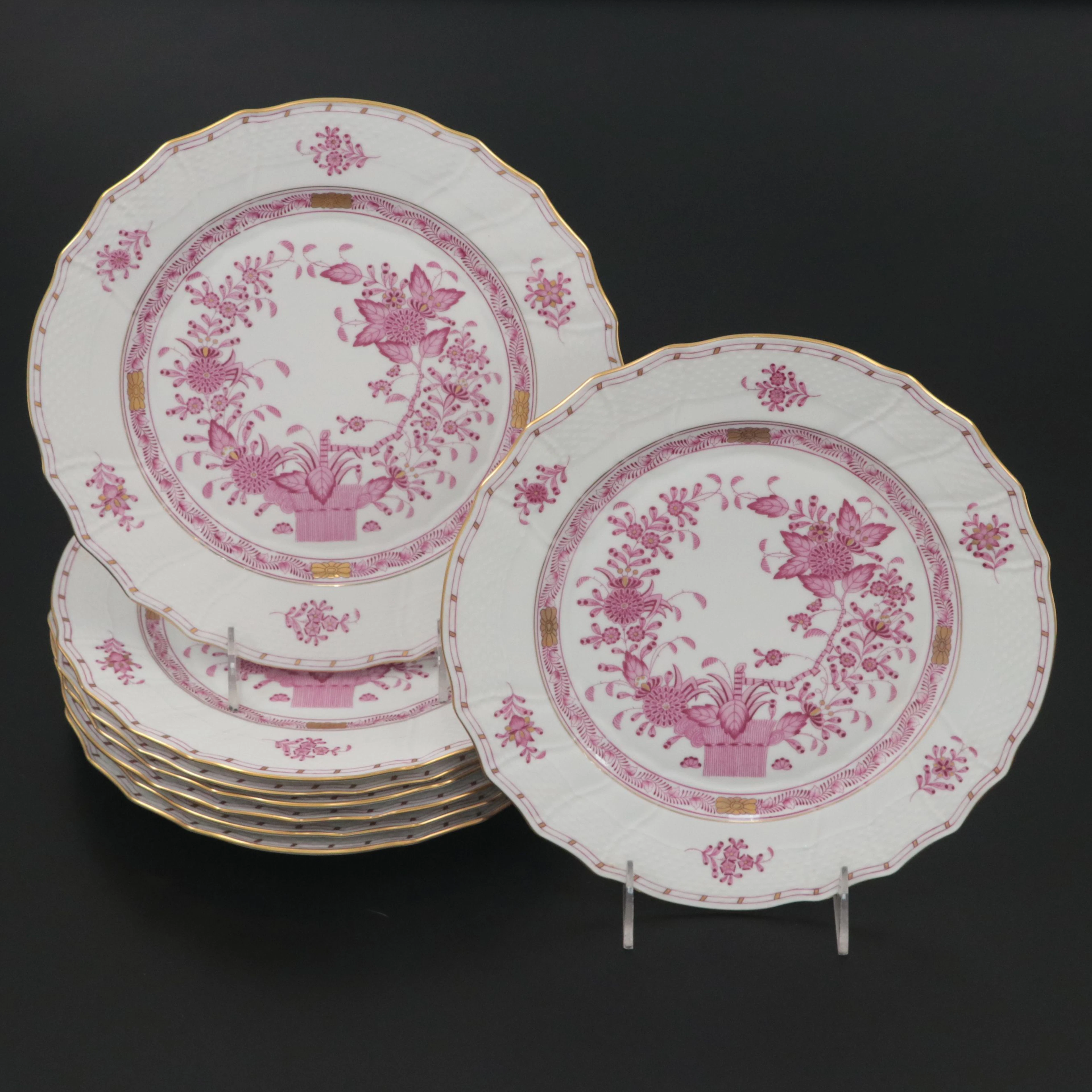 Herend "Indian Basket" Raspberry Porcelain Dinner Plates