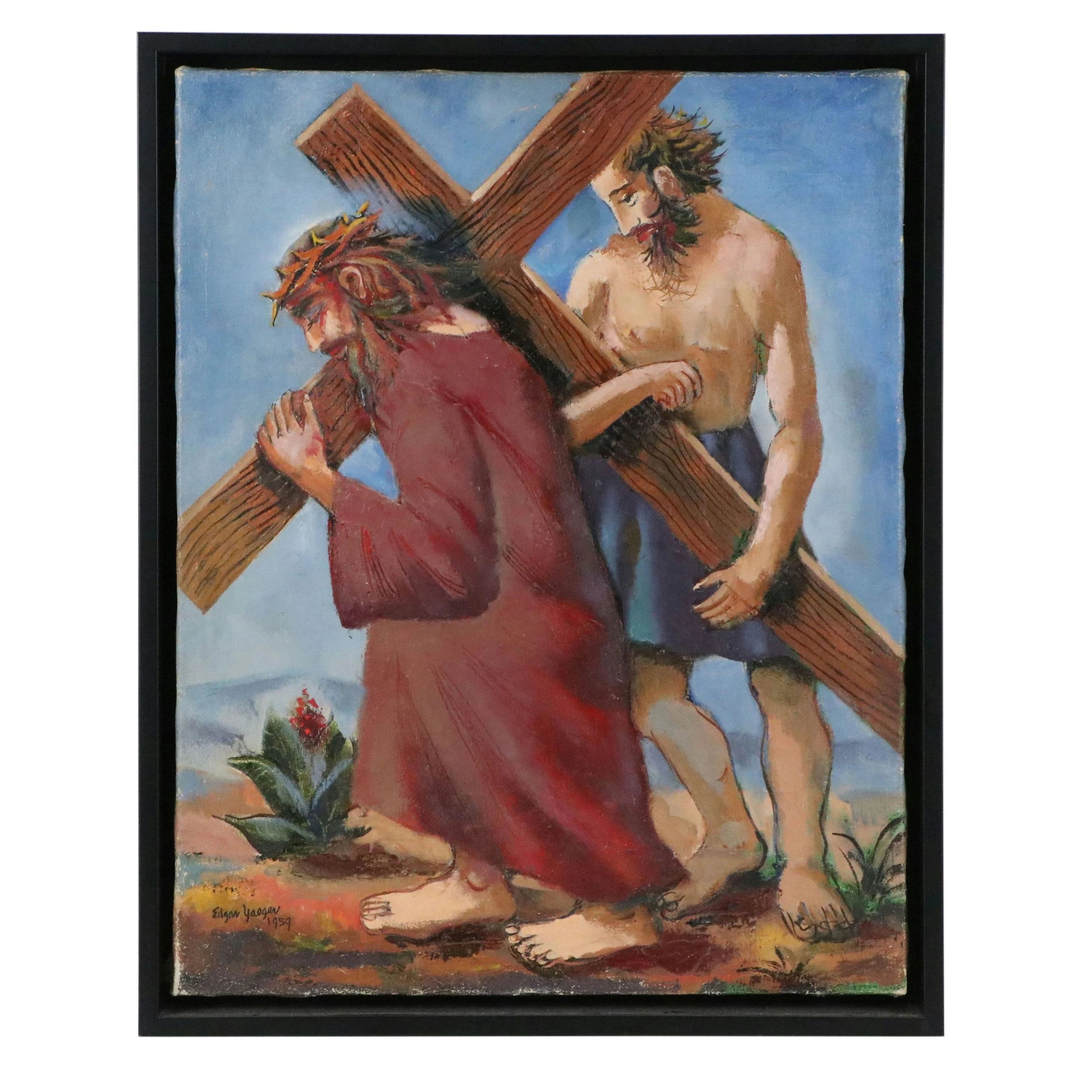 Edgar Yaeger Oil Painting of Jesus Carrying Cross, 1959